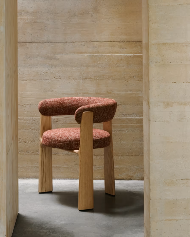 Granite Armchair with Armrests in Red Chenille with Ash Base