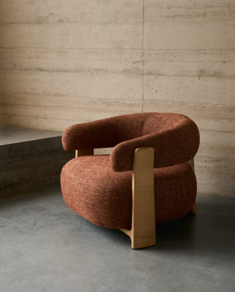 Sessel GRANITE roter Chenille mit Eschenholzgestell