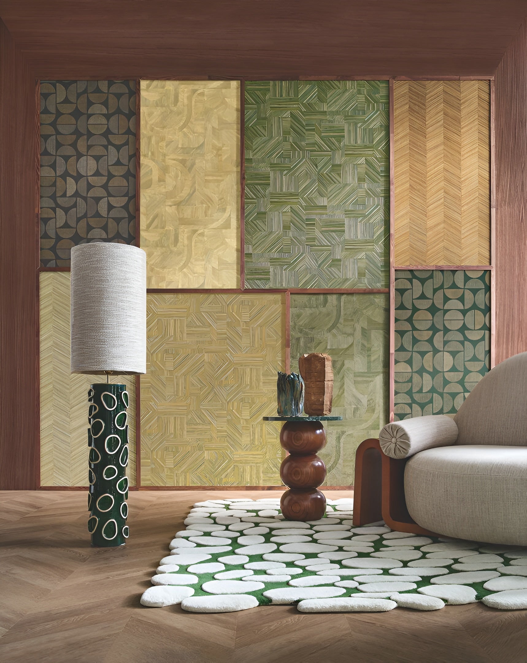 Geometric textured wallpaper mimicking wood with herringbone pattern OCOTEA - AMANDE almond