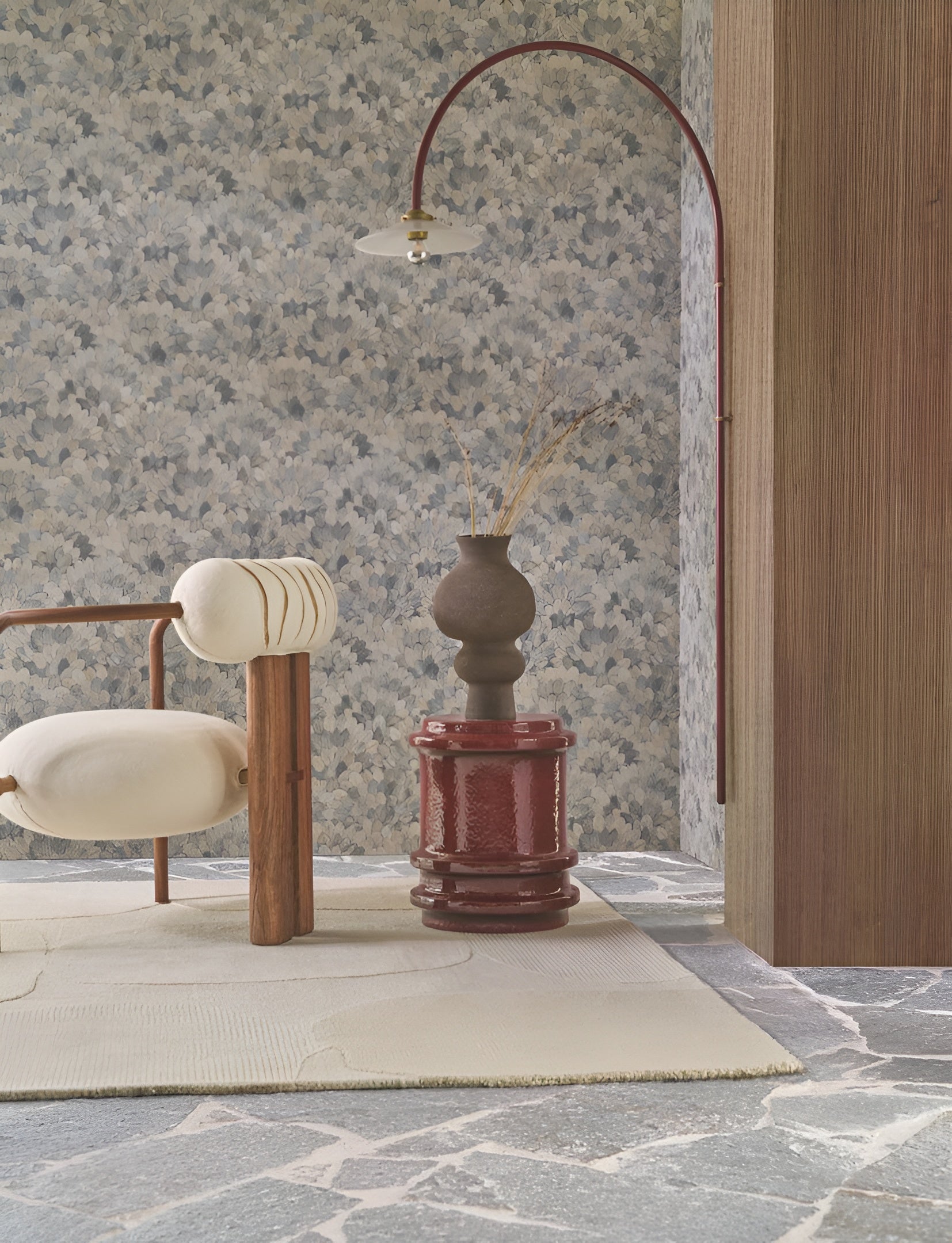 Structural vinyl wallpaper with a plant motif FEIJOA - AMANDE olive