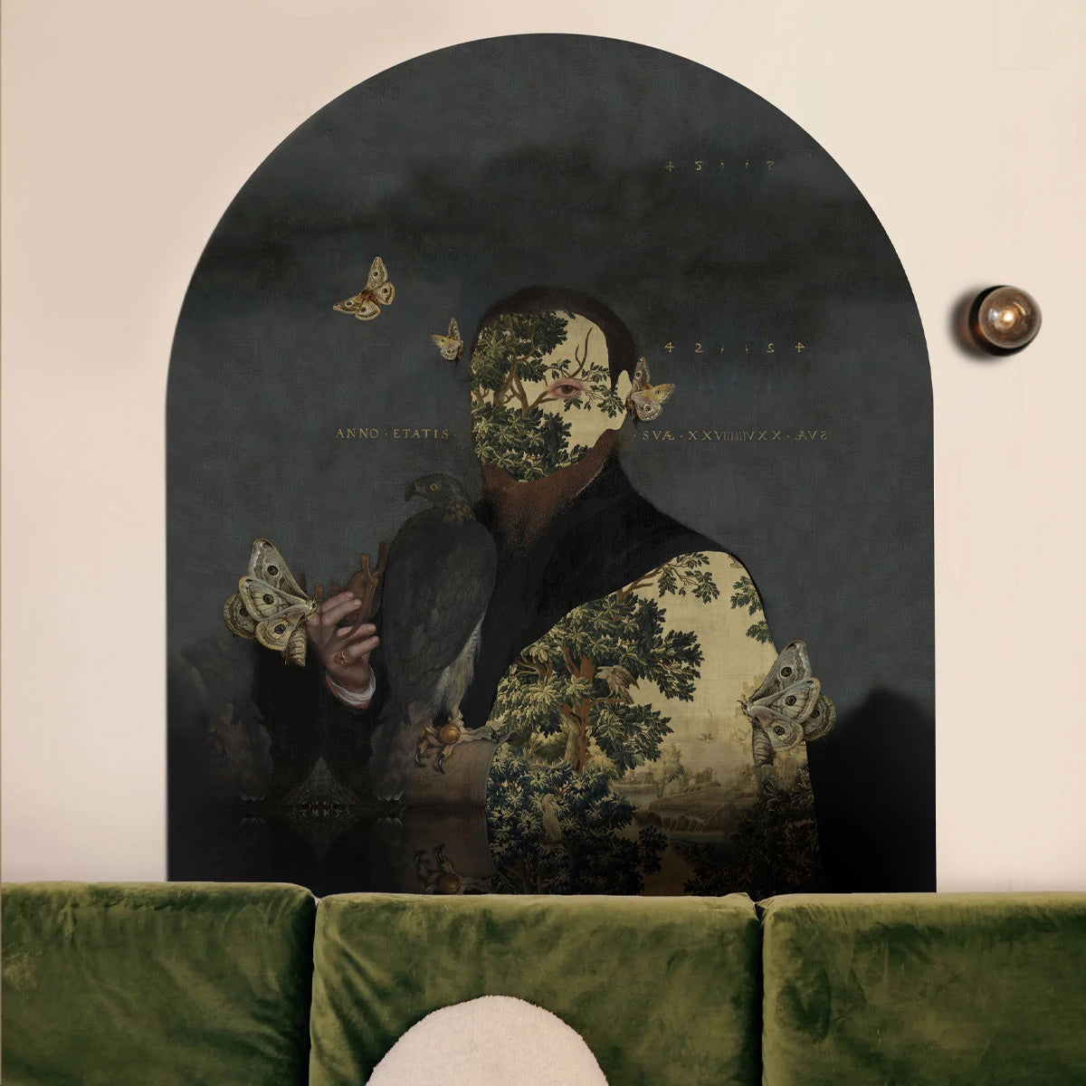 Non-woven mural in the shape of an arch GENTLEMAN MOTH dark gray