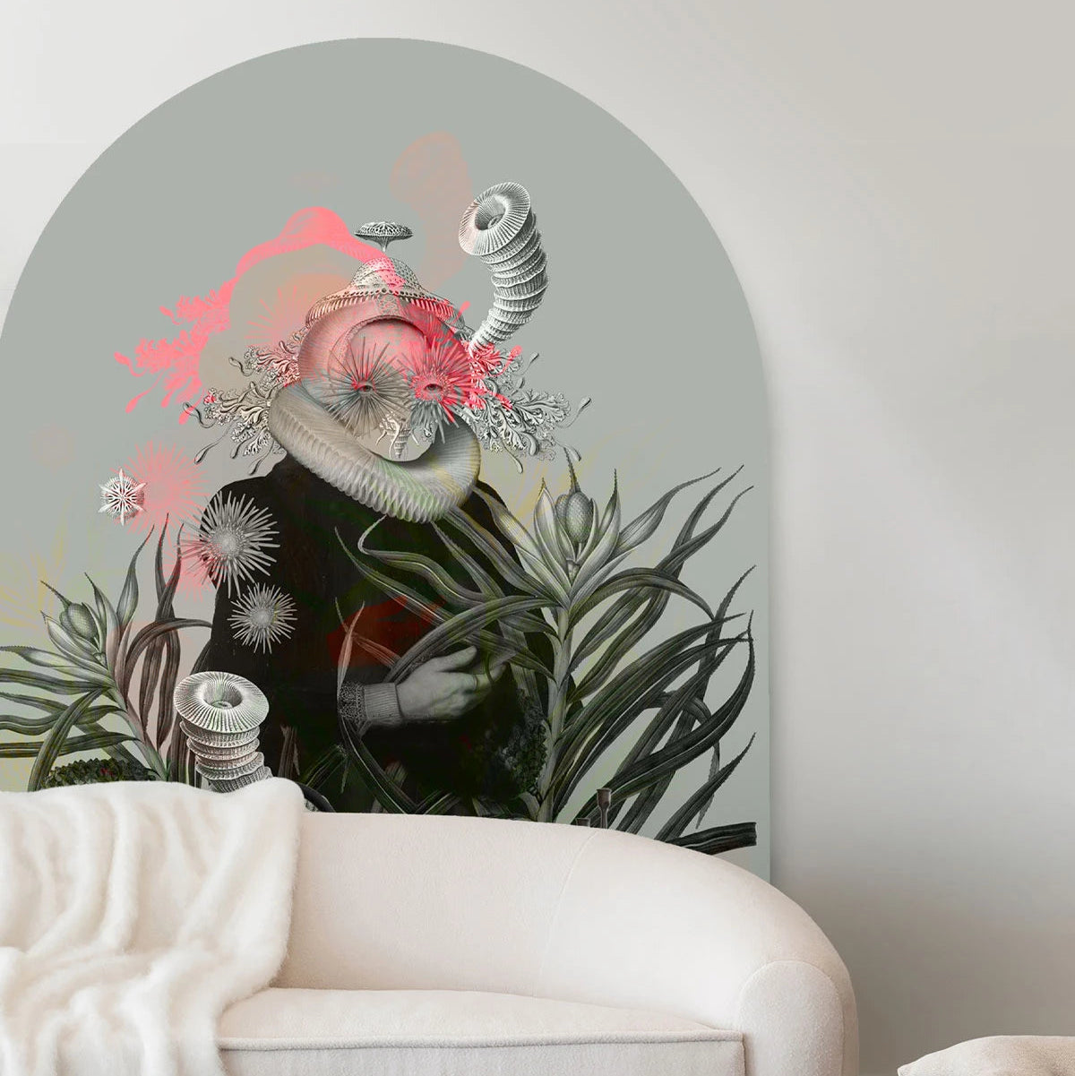 Arch-shaped mural with an artistic portrait of LADY MEDUSA in gray