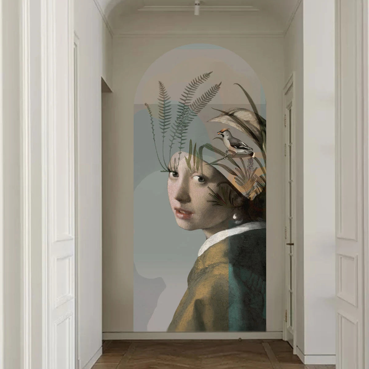 Vlies-Tapete in Bogenform NATURE GIRL WITH THE PEARL beige mit grünem Akzent