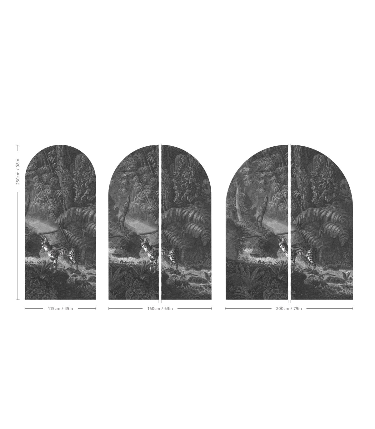 Non-woven mural in the shape of an arch PALMS AND CATS gray