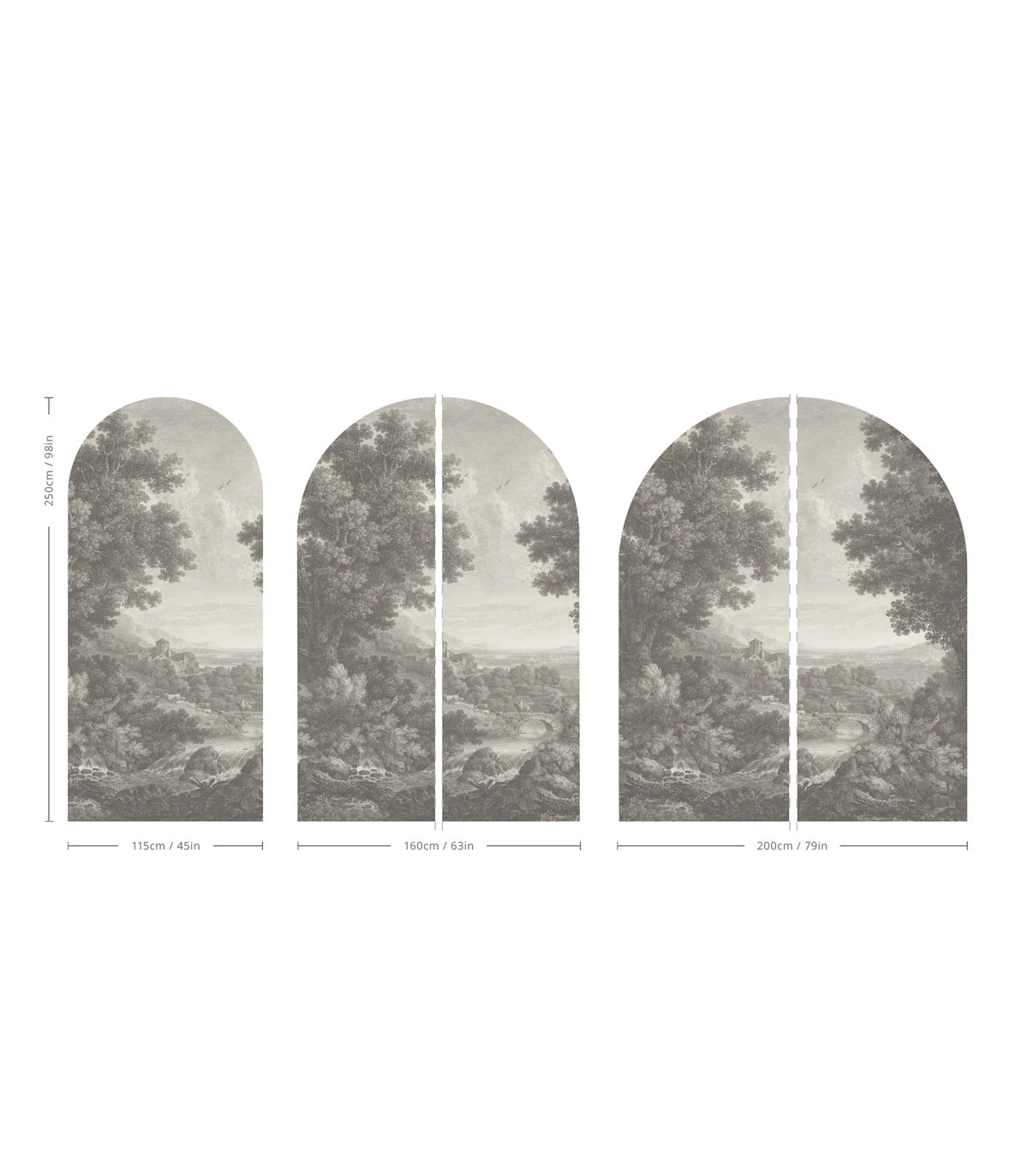 Non-woven mural in the shape of an arch PICTURESQUE VALLEY OF SERENITY gray