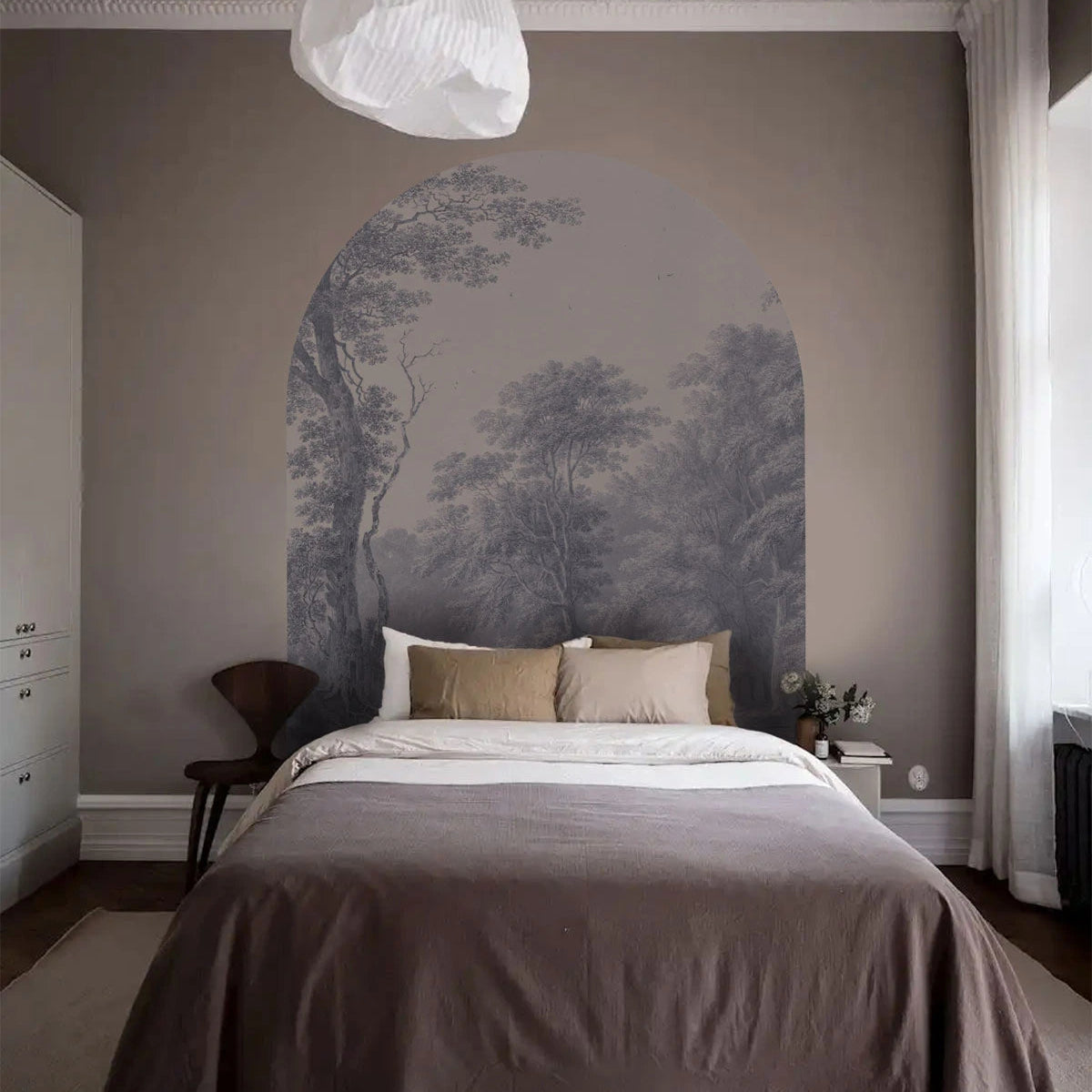 Non-woven mural in the shape of an arch WATERCOLOR GROVE muted blue