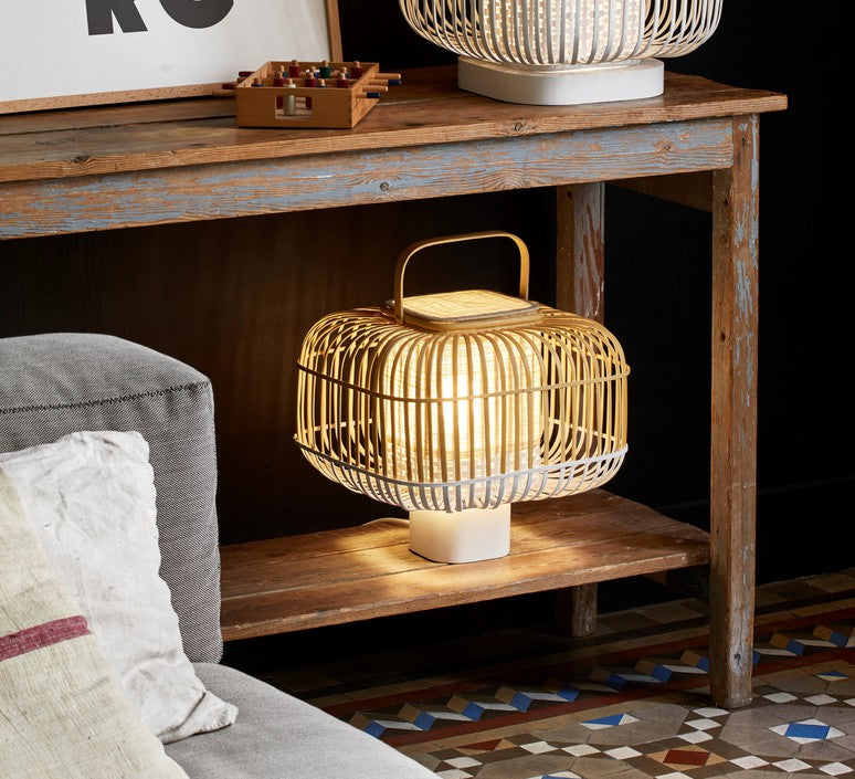 Quadratische Tischlampe Bambus weiß