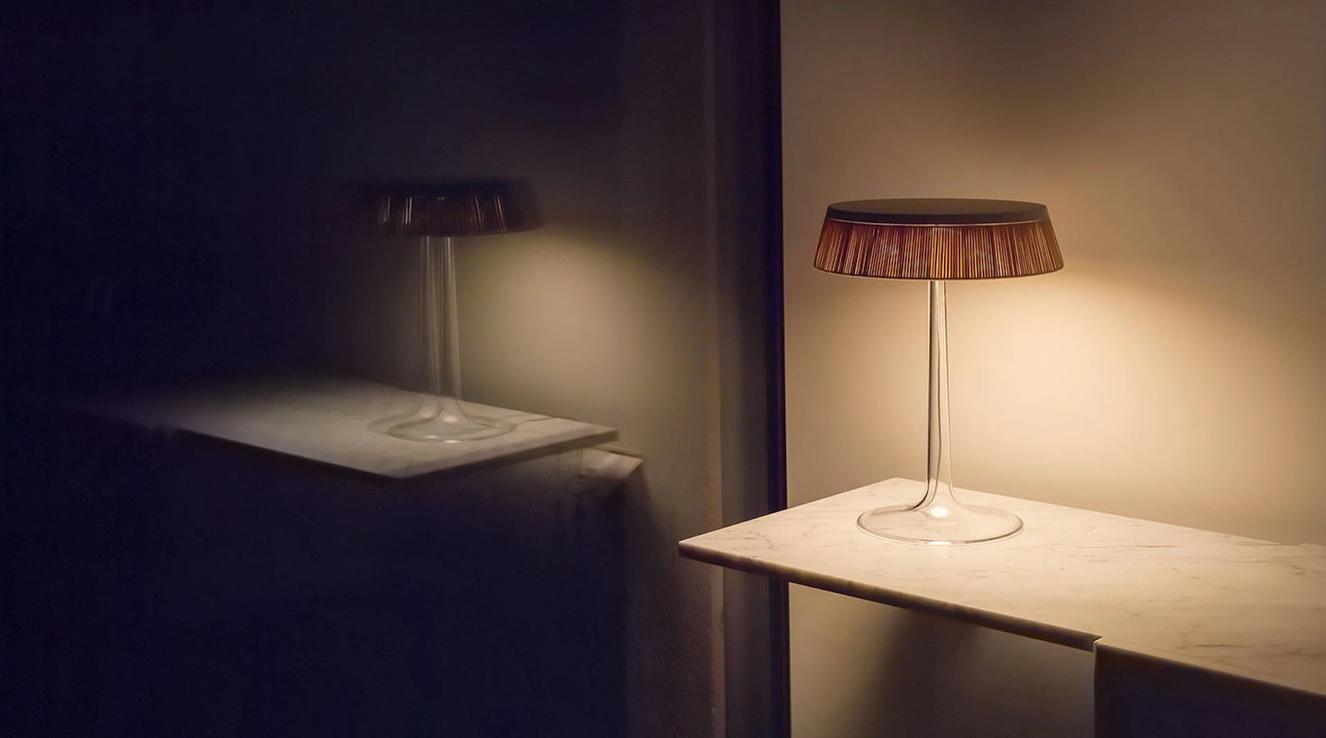 Tischlampe BON JOUR Chrom mit Rattan-Schirm