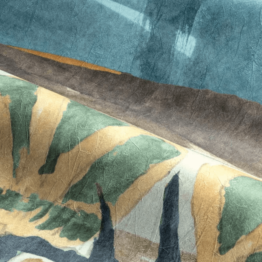 Abstract textile mural with a plant motif JARDIN DANSÉ - BLEU PERSAN AMBRE blue with gold