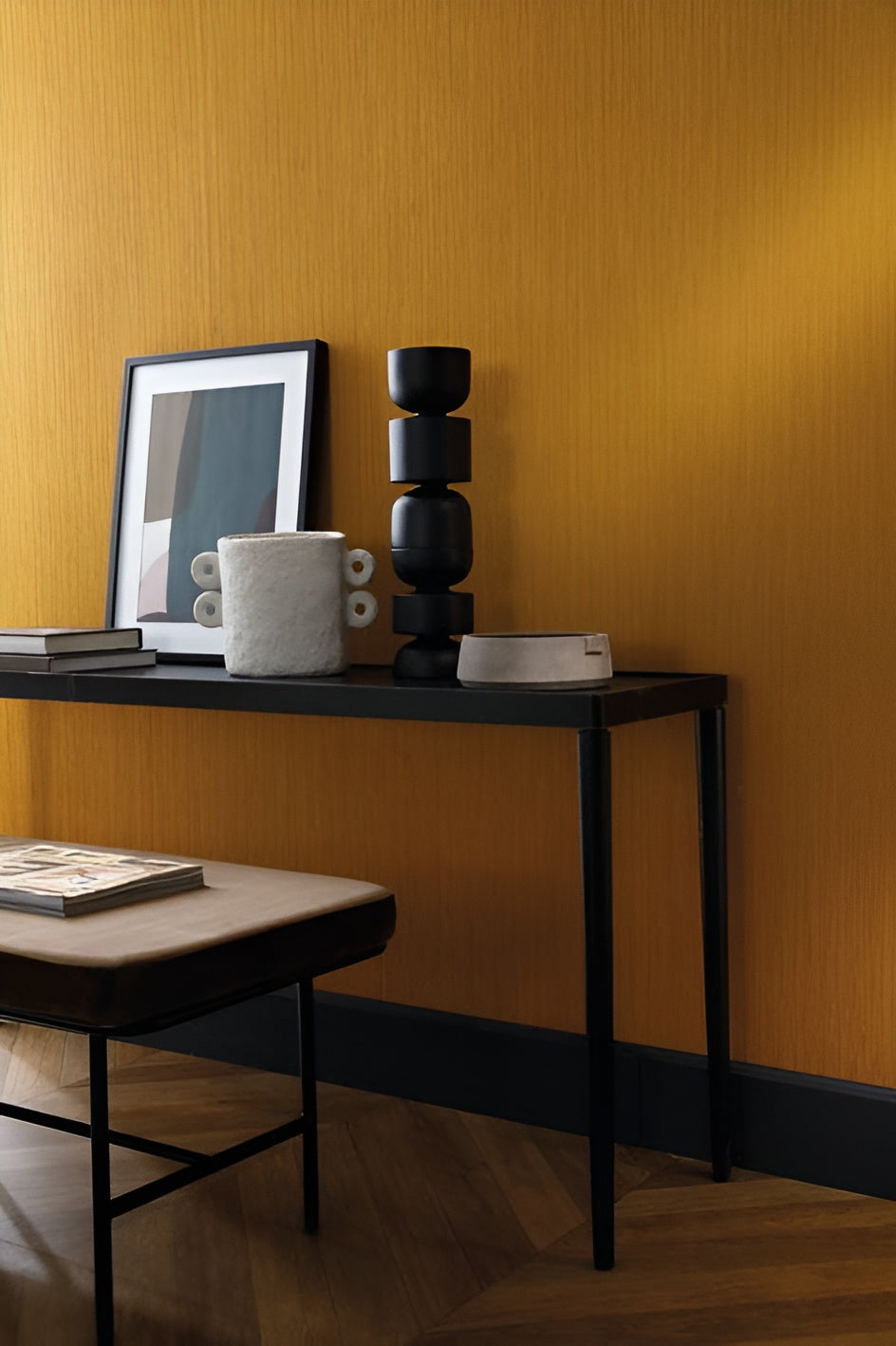 Textile wallpaper with structural vertical stripes JUSSIEU - BLUE COPPER navy blue with gold