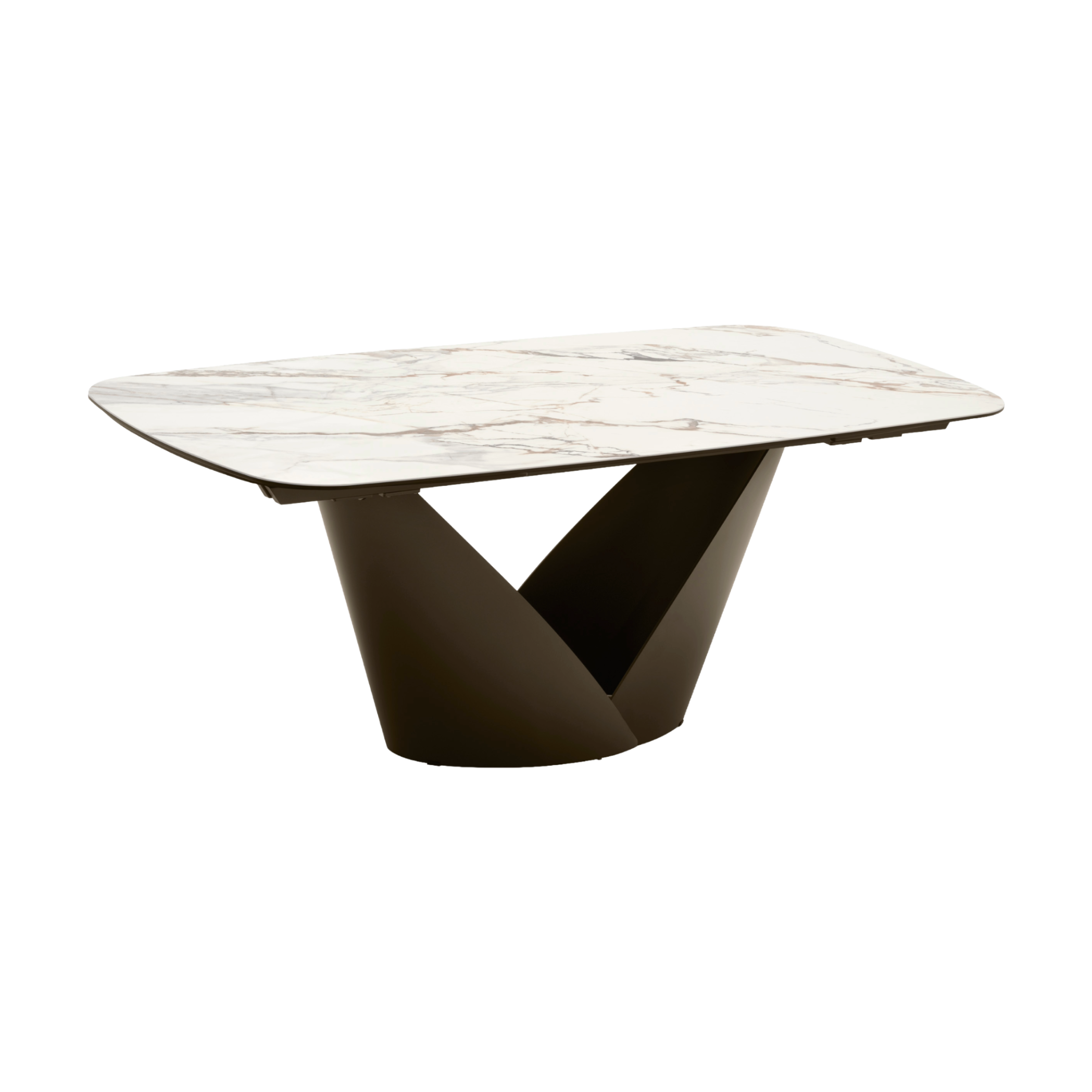 Expandable table CALLA with a white ceramic top and a brown base