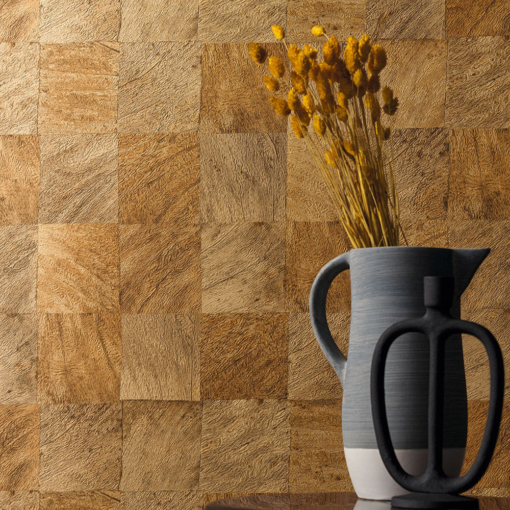Textured wallpaper with a geometric wood-like pattern ABALE - EMERAUGE emerald