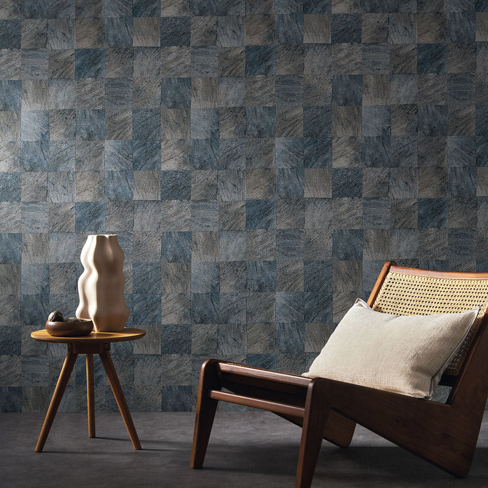 Textured wallpaper with a geometric wood-like pattern ABALE - EMERAUGE emerald
