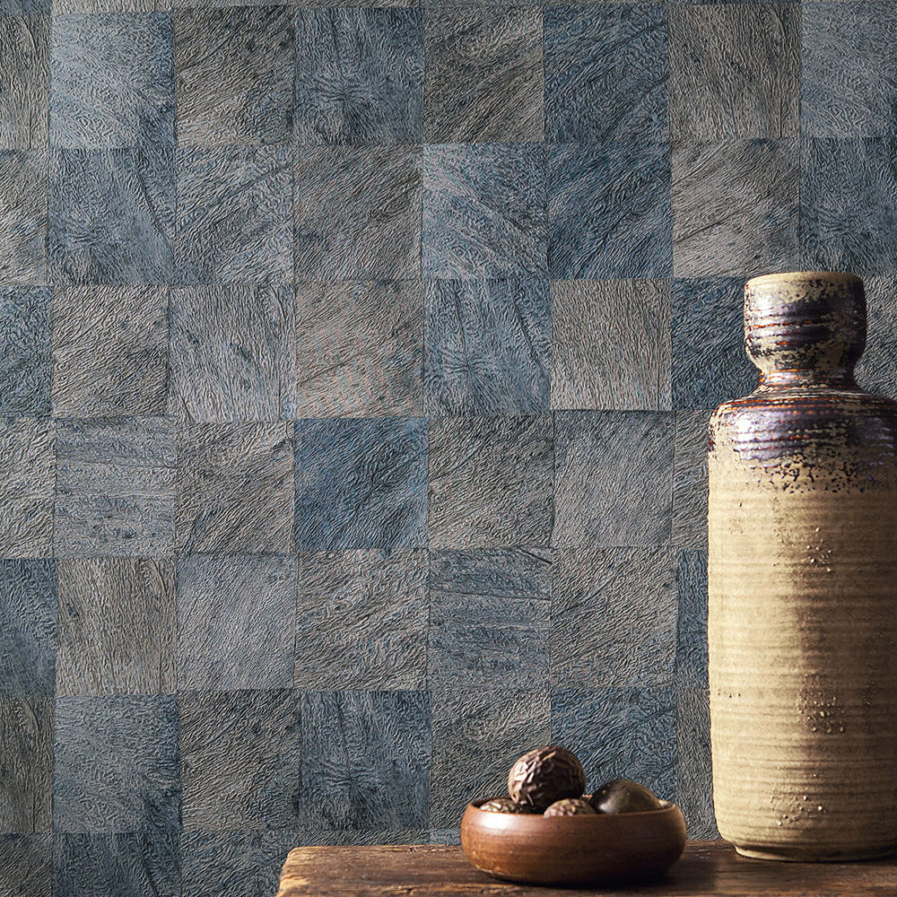 Textured wallpaper with a geometric wood-like pattern ABALE - EMERAUGE emerald
