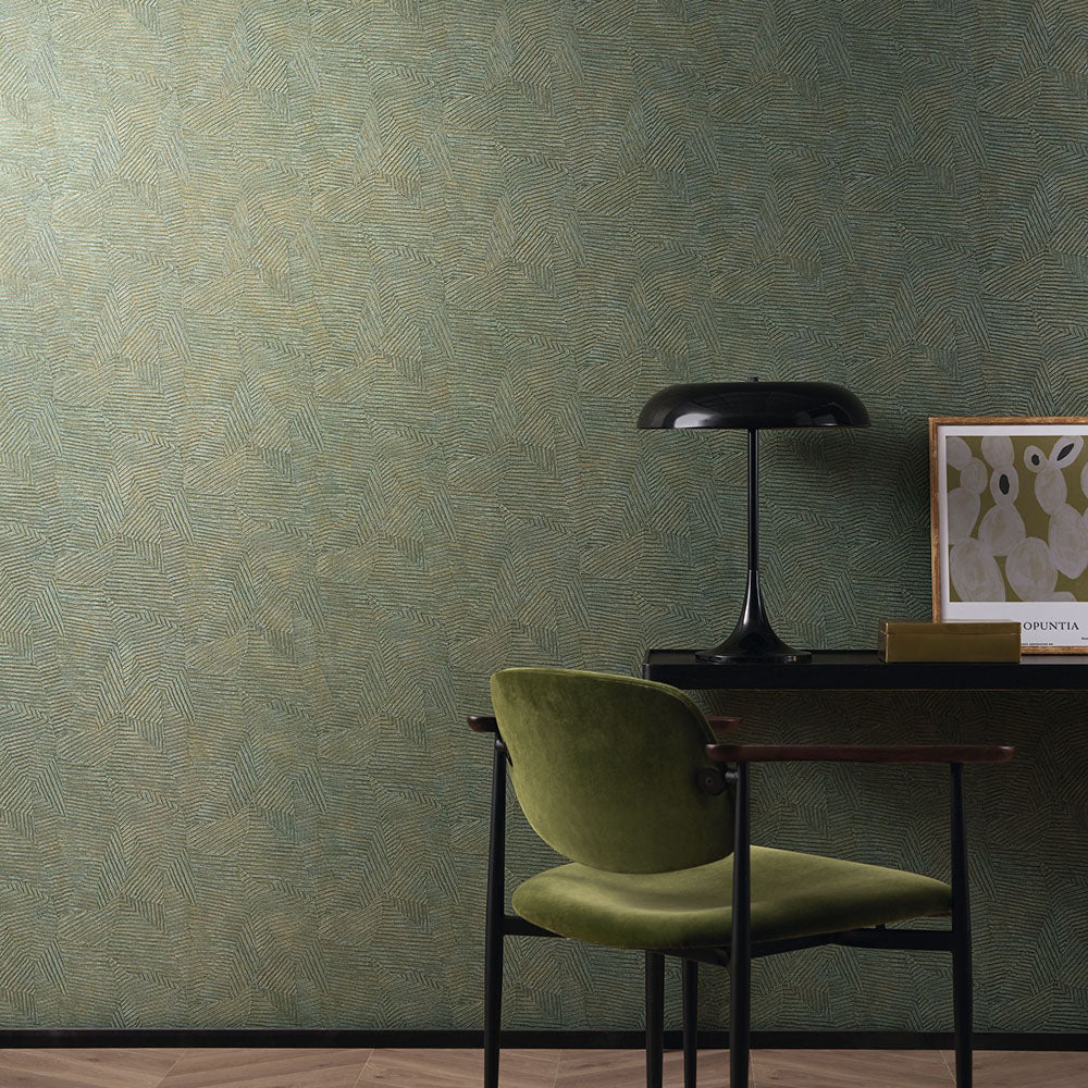 Structural wallpaper imitating bamboo leaves SOROA - GREEN