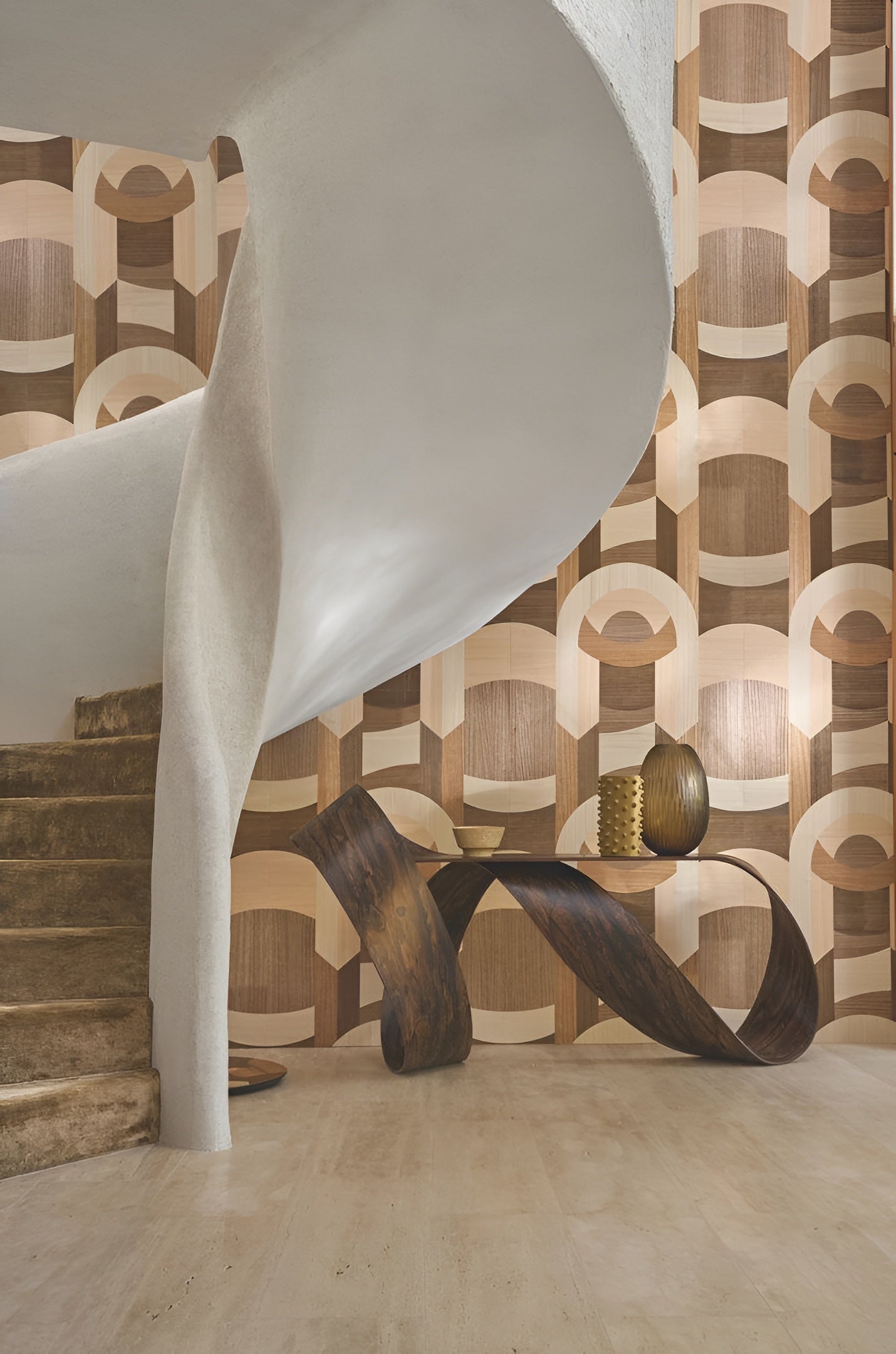 Art Deco Geometric Pattern Veneered Wallpaper TRAVERSÉE - LIGHT IVORY OAK