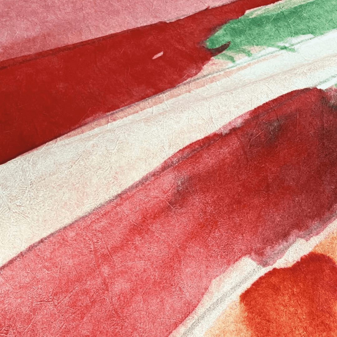 Abstract textile mural with a plant motif JARDIN DANSÉ - BLUSH MULTICOLORE pink with green and red