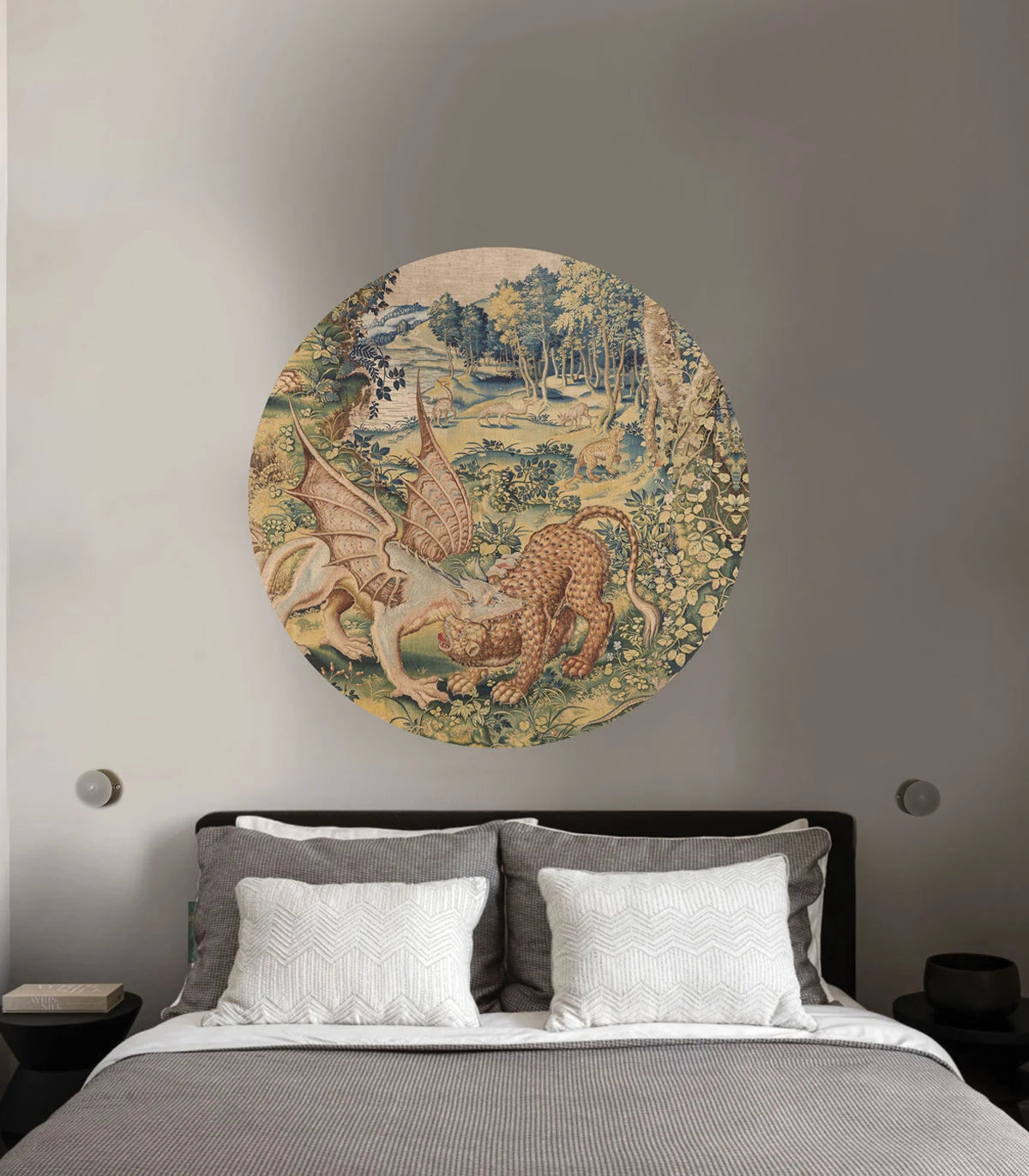 Mural w kształcie koła DOTS - DRAGON ARRAS piaskowy beige z zielonym