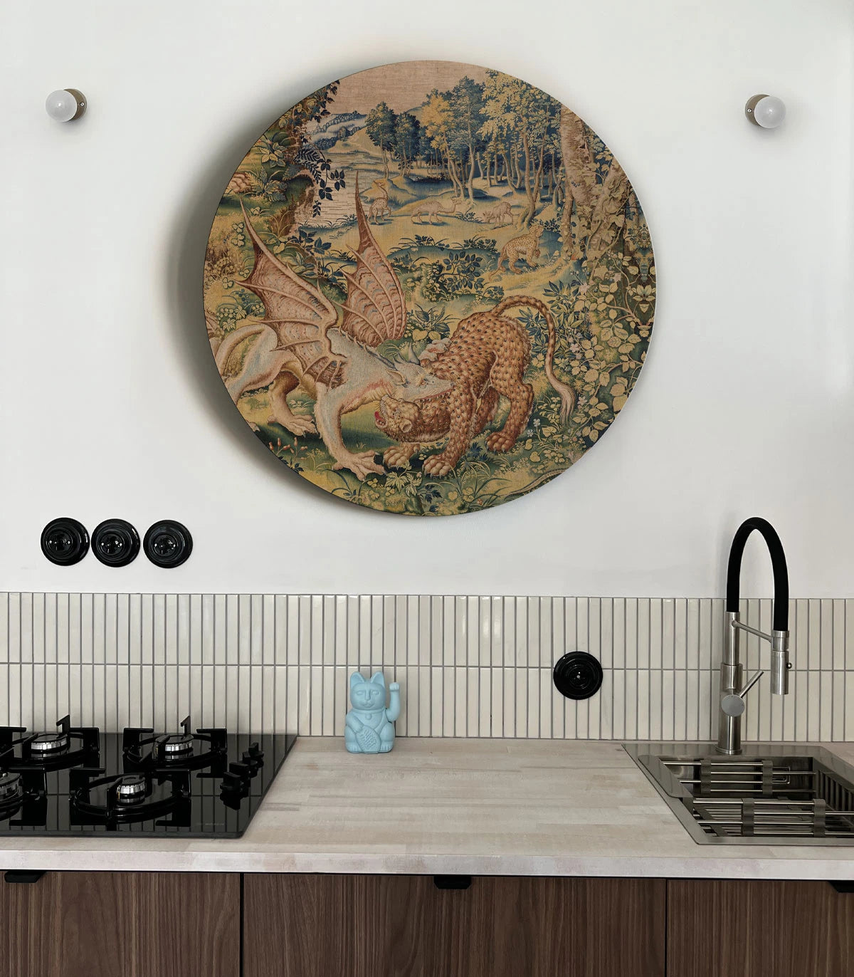 Mural w kształcie koła DOTS - DRAGON ARRAS piaskowy beige z zielonym