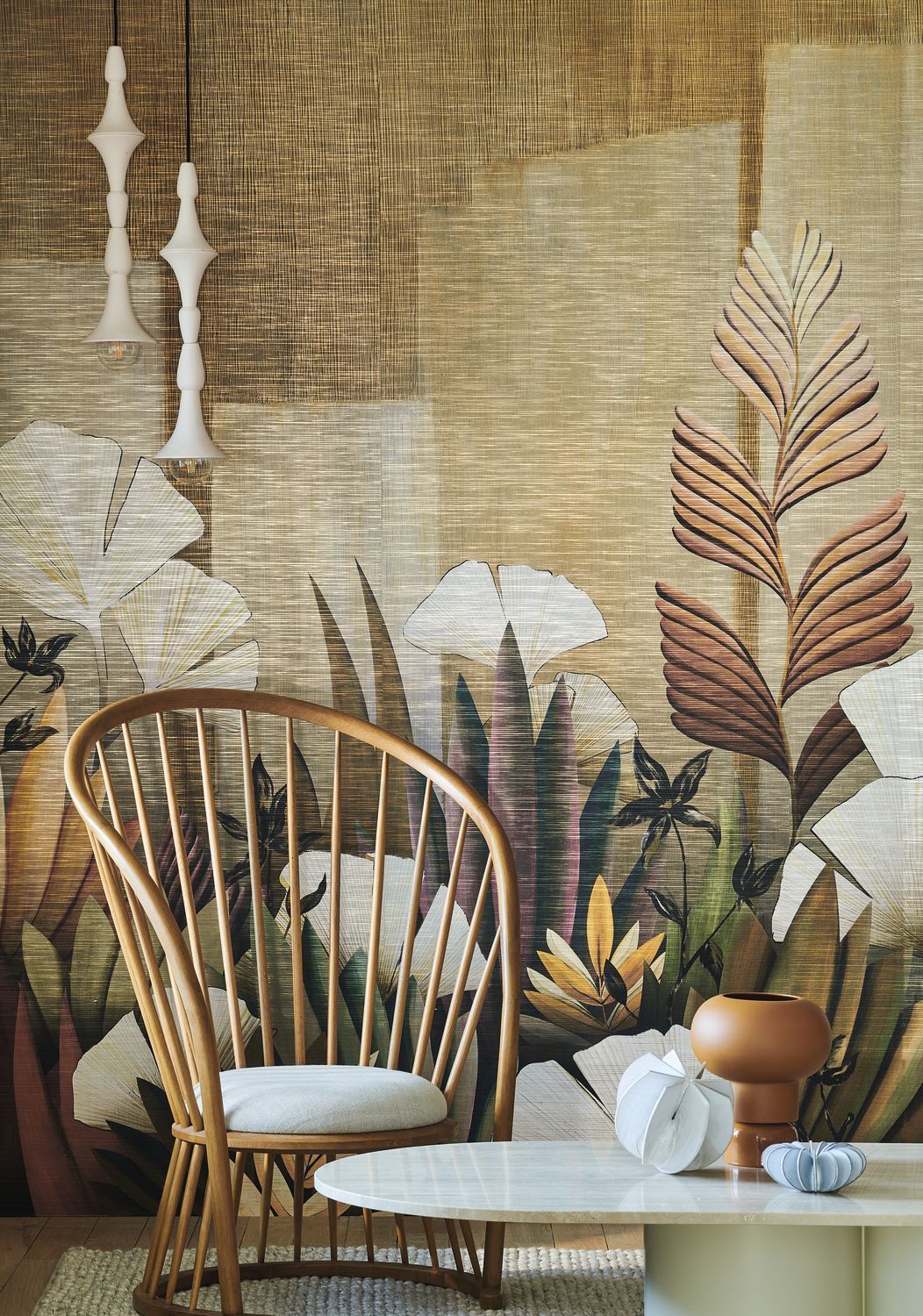 Plant-themed mural ICHO straw beige with dusty pink