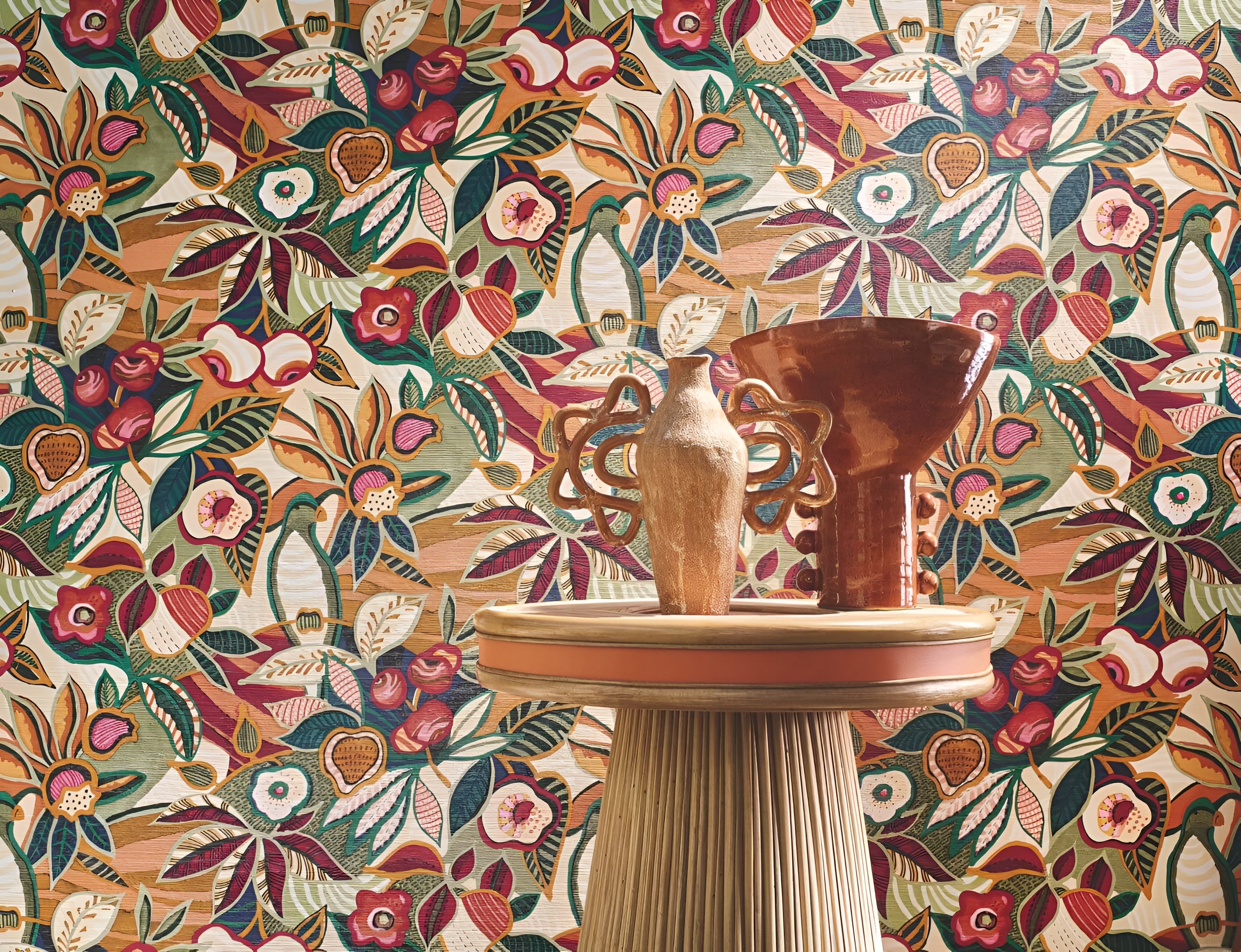 Structural wallpaper with a plant motif of leaves and flowers TEHUANA - KHAKI/OCHRE khaki with yellow
