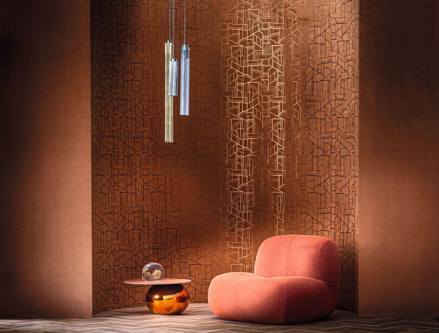 Metallic textile wallpaper with an Art Deco geometric pattern REIMS - NOIR DE LUNE black with gold