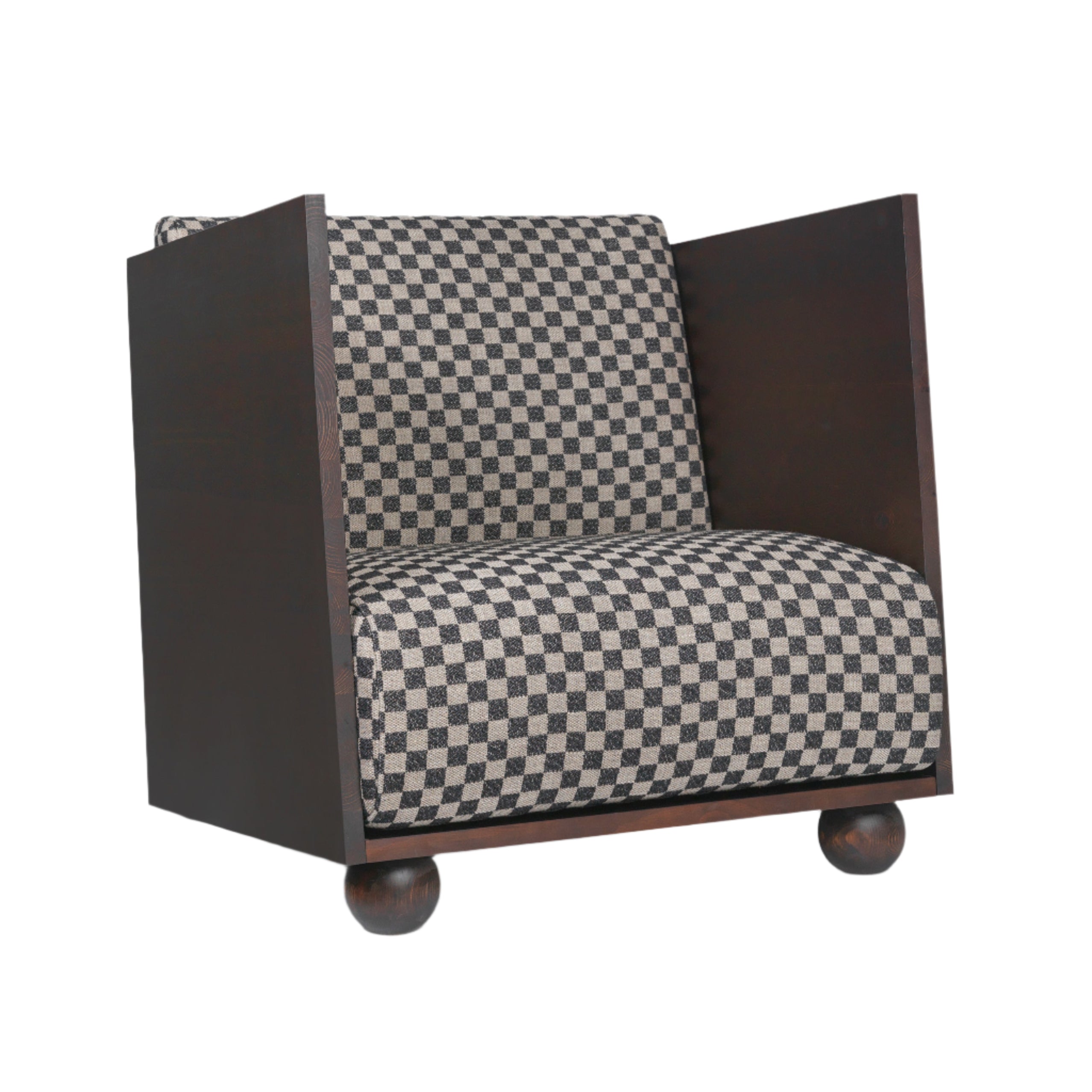 RUM armchair in sandy check with a dark brown wooden base