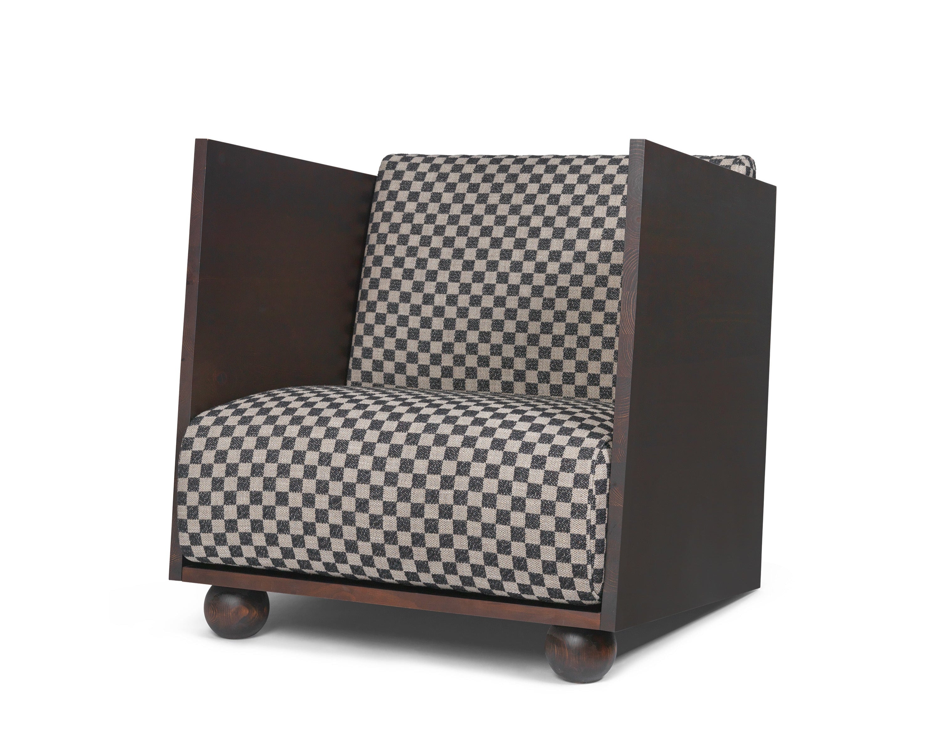 RUM armchair in sandy check with a dark brown wooden base