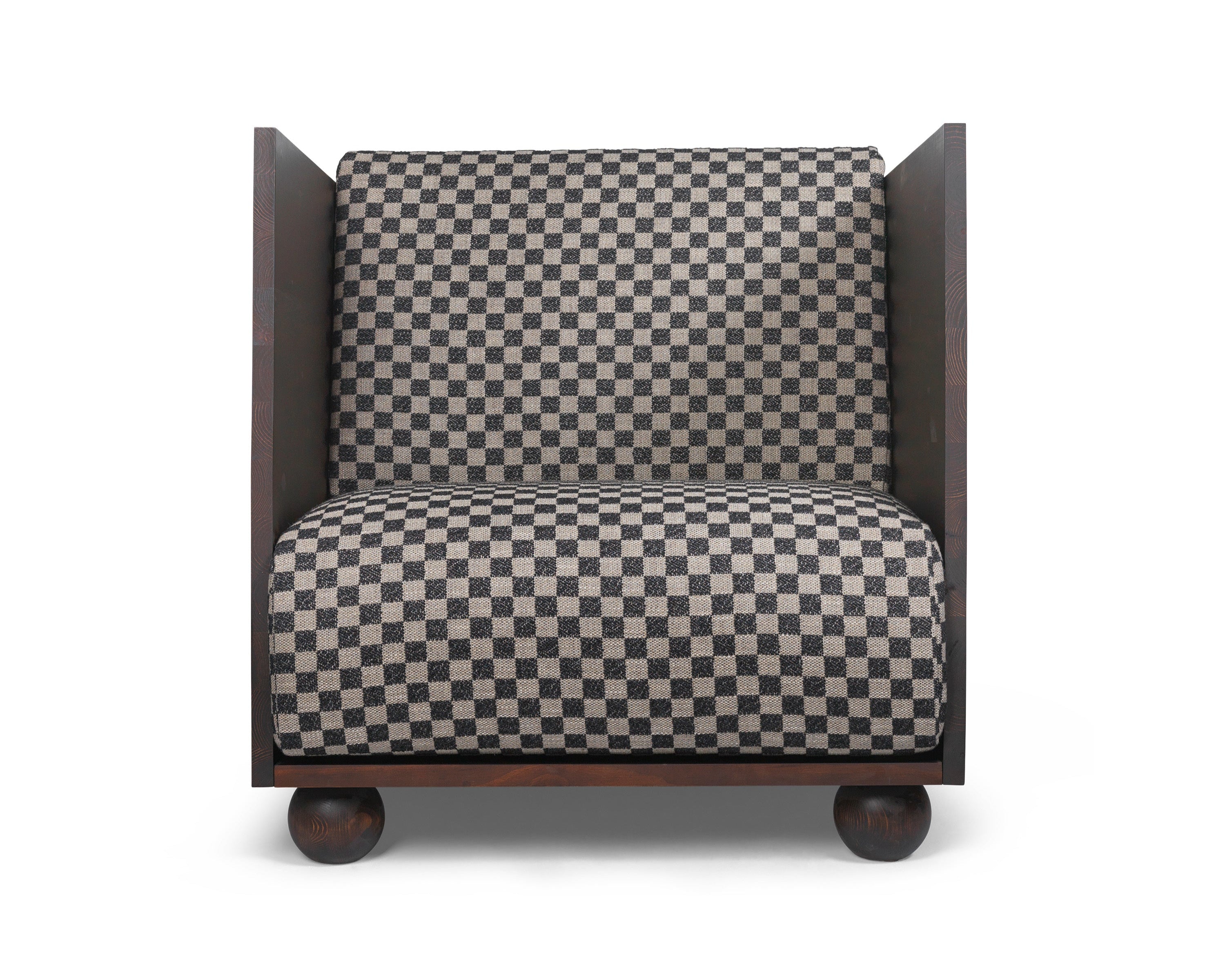 RUM armchair in sandy check with a dark brown wooden base