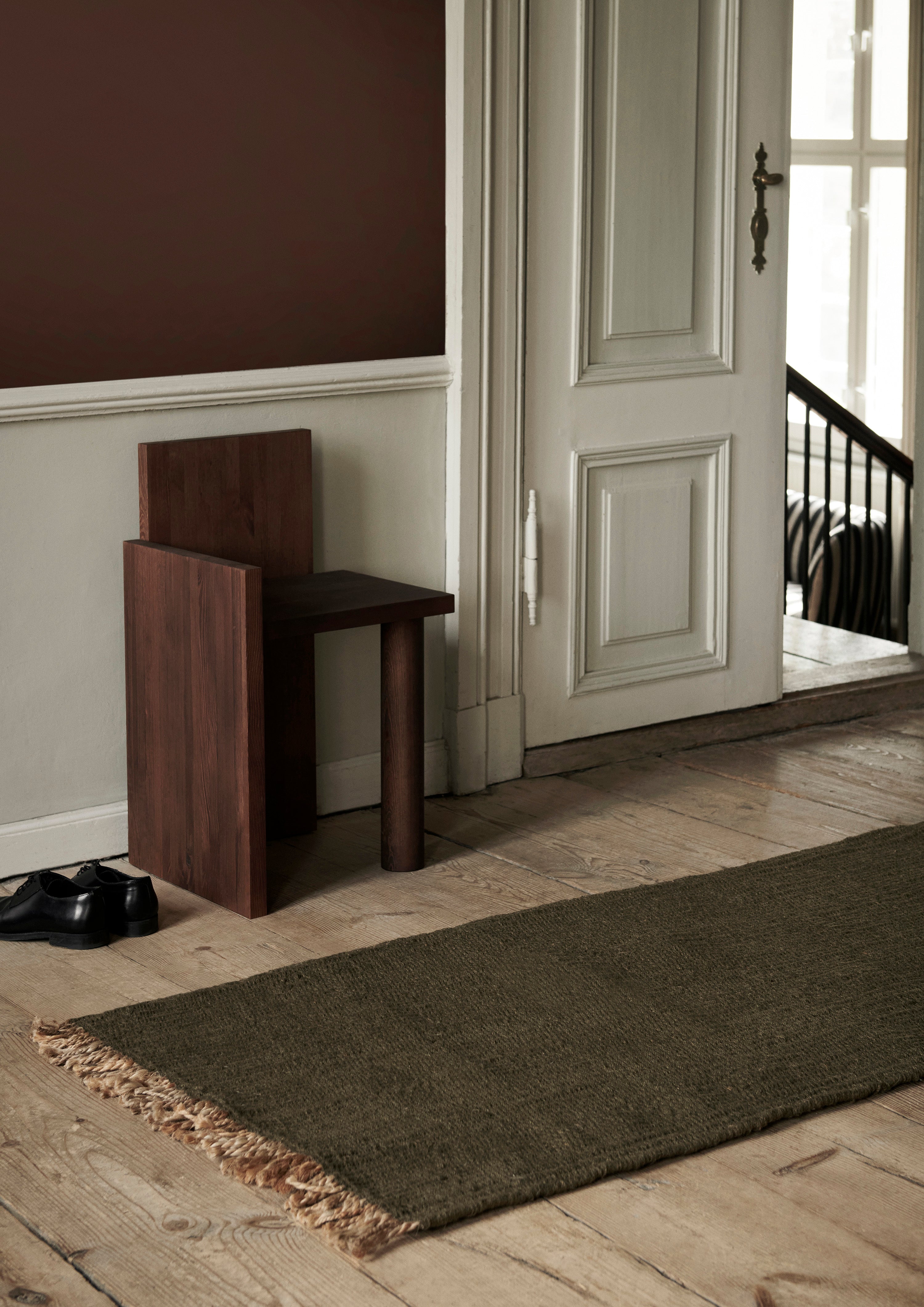 BLOCK RUNNER Teppich oliv mit beigen Fransen