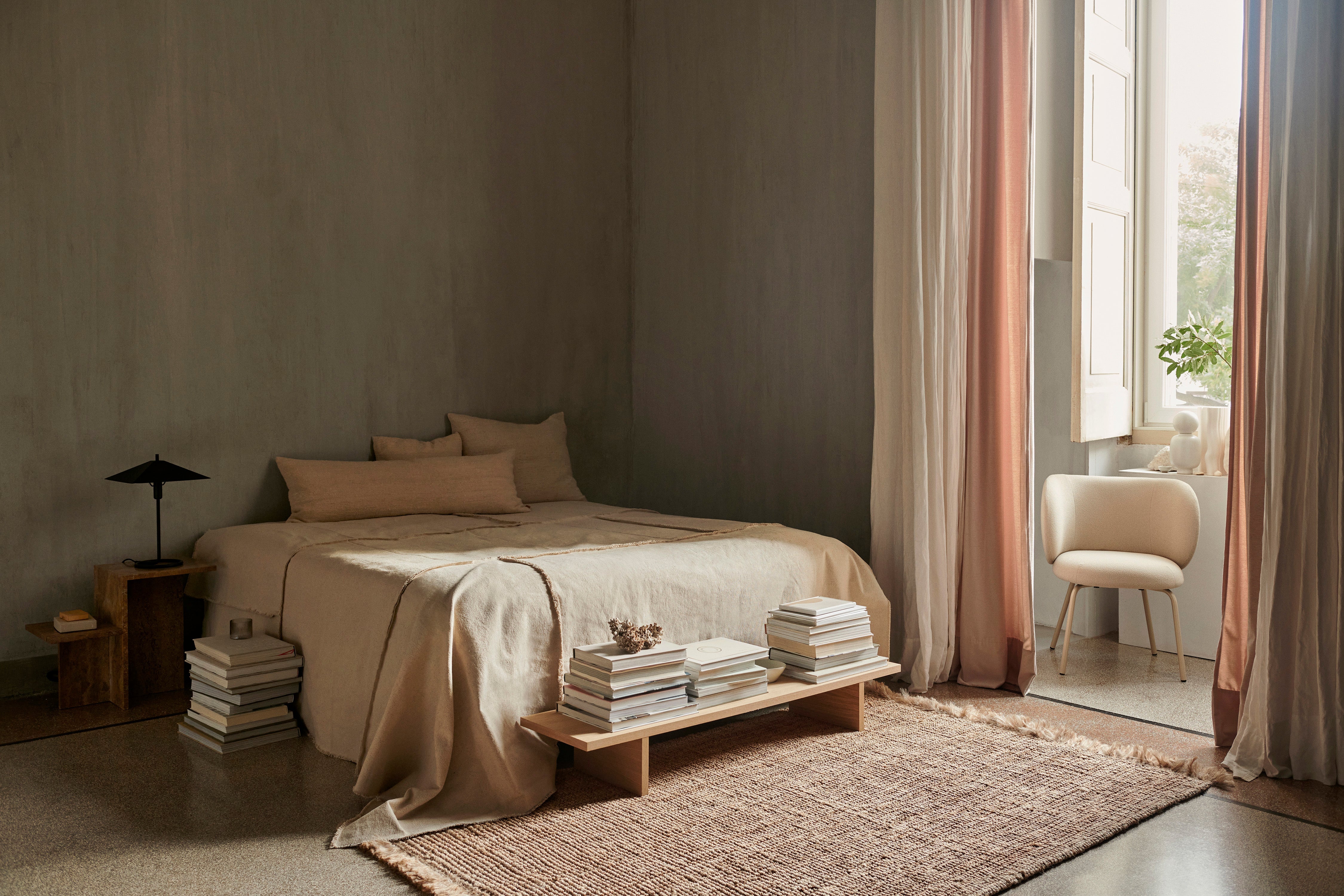 Offset beige bed