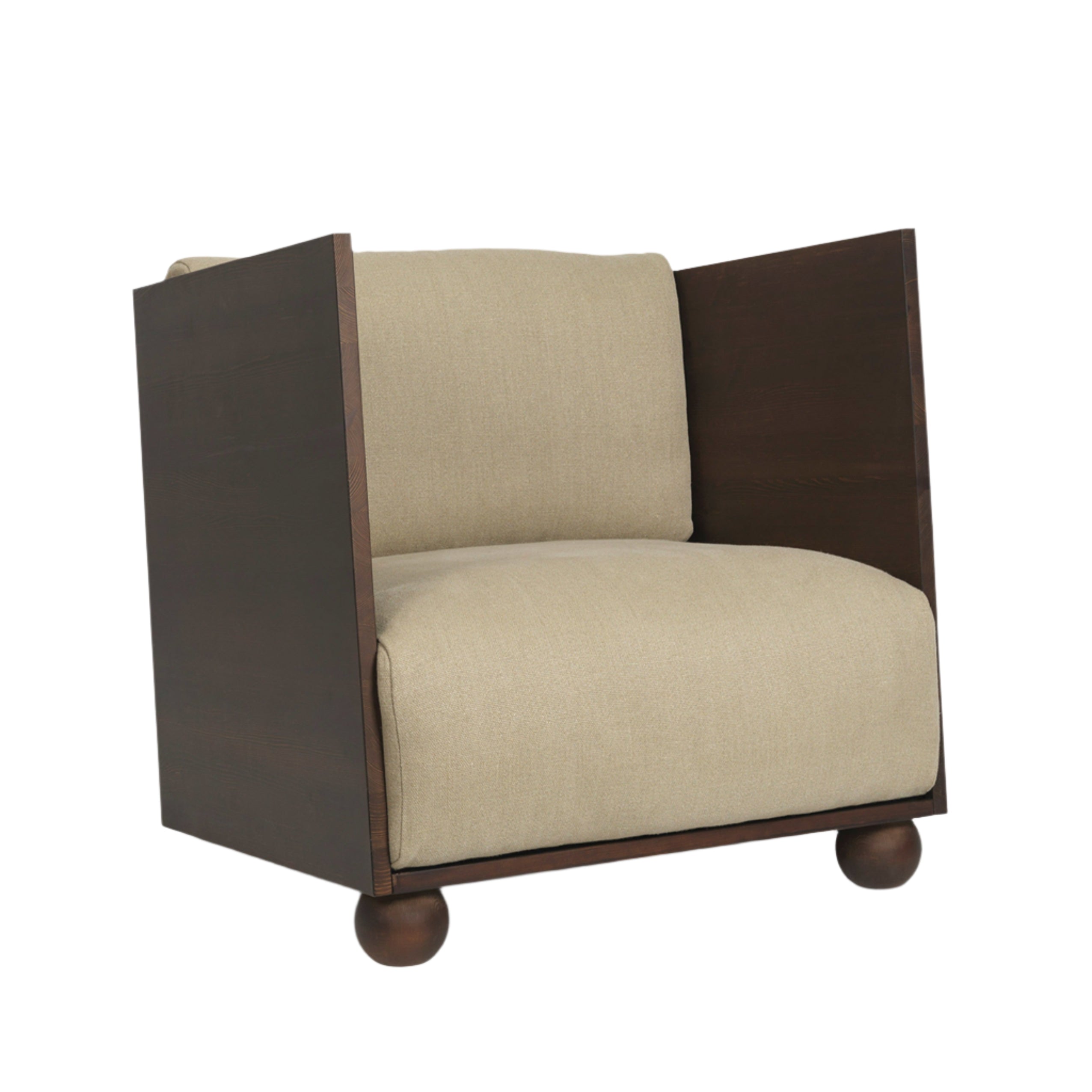 RUM beige armchair with a dark brown wooden base