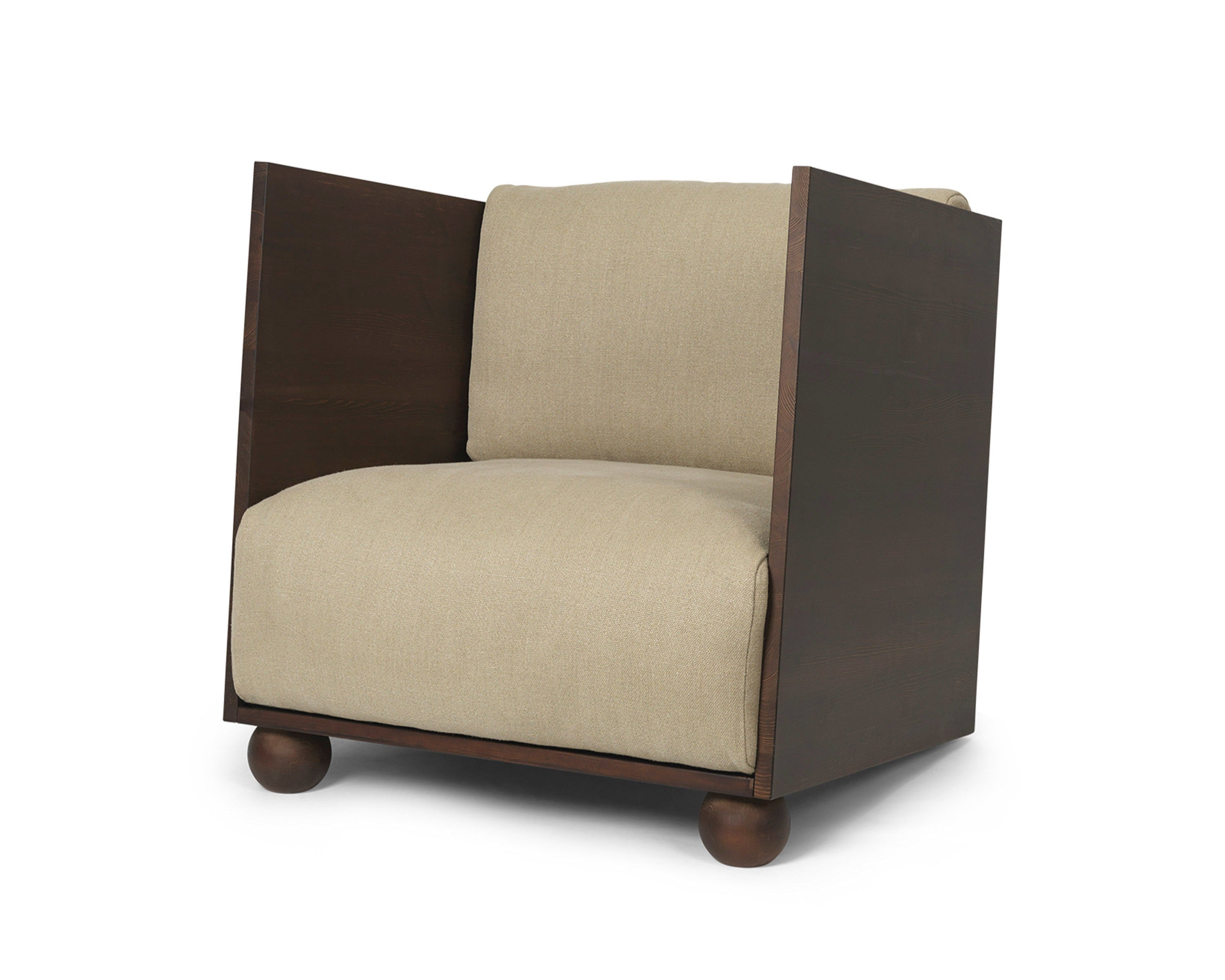RUM beige armchair with a dark brown wooden base