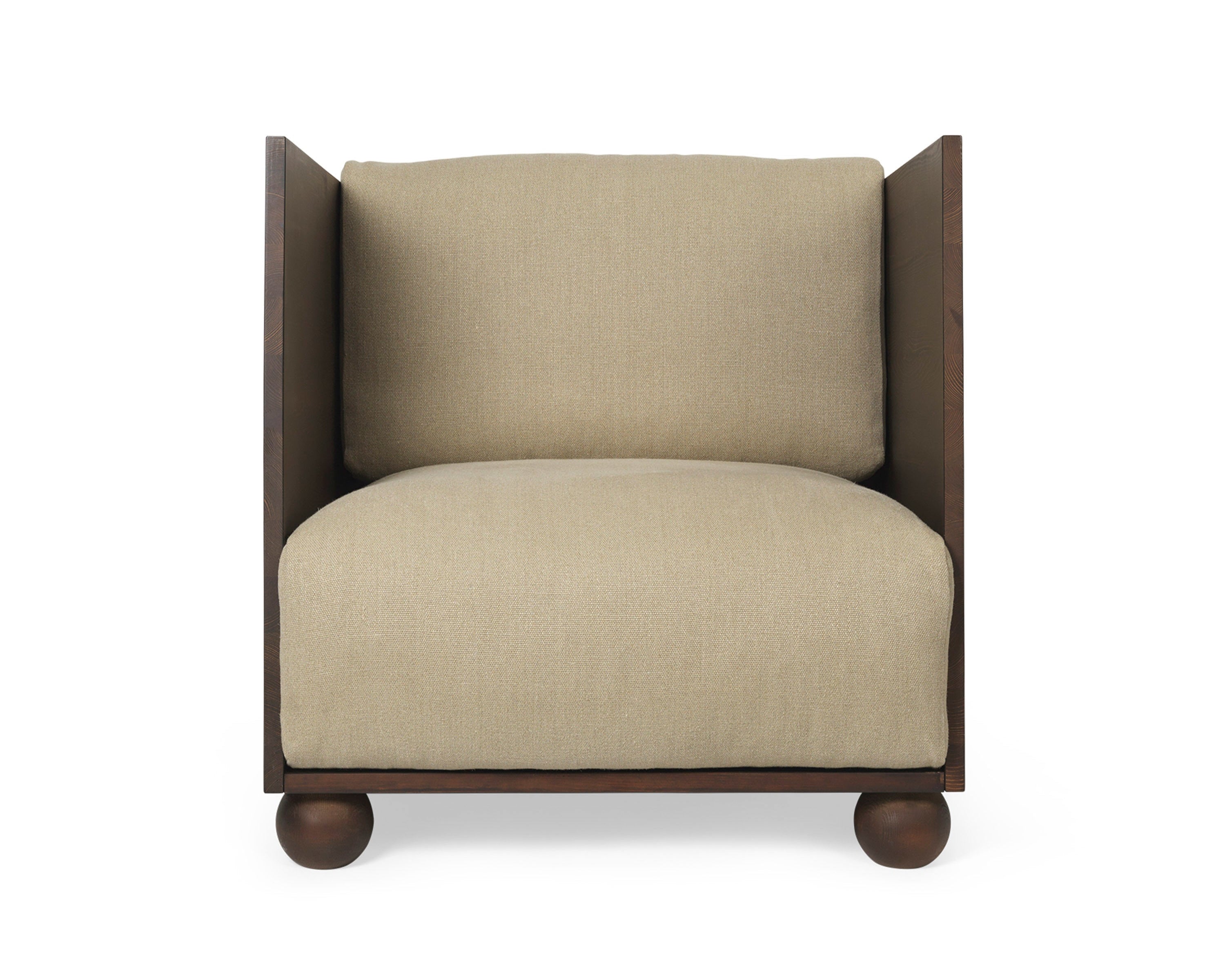 RUM beige armchair with a dark brown wooden base