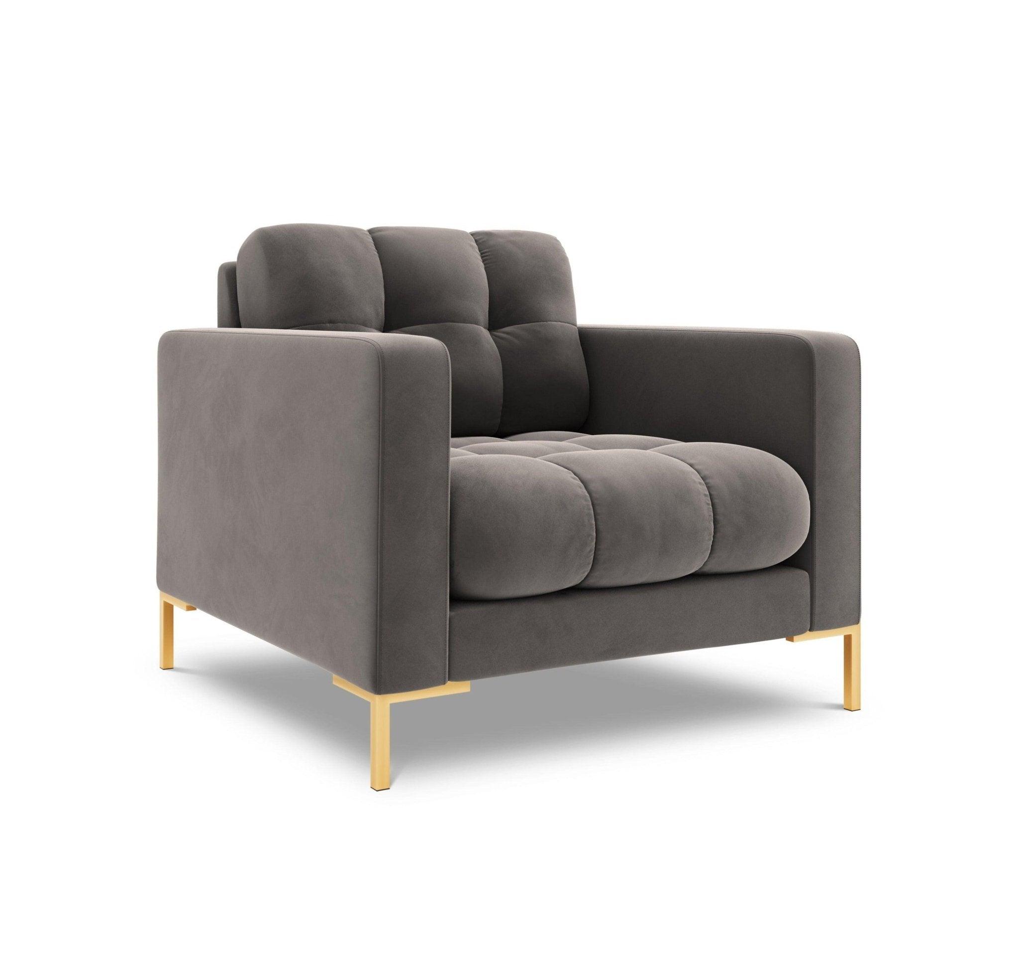 Fotel aksamitny BALI jasnoszary ze złotą podstawą Cosmopolitan Design Eye on Design