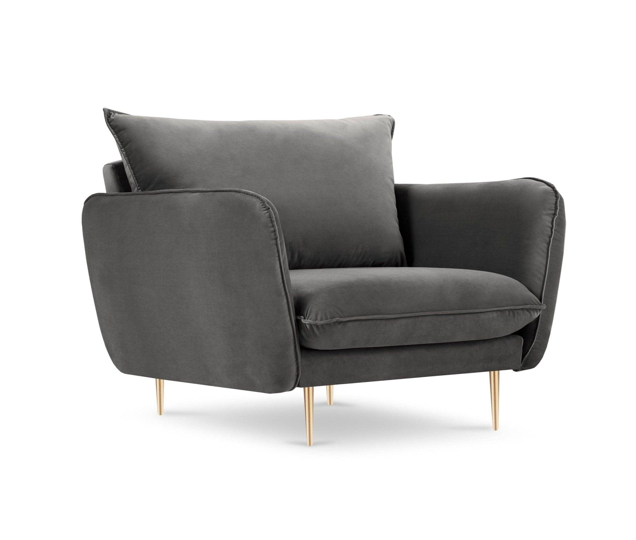 Fotel aksamitny VIENNA ciemnoszary ze złotą podstawą Cosmopolitan Design Eye on Design