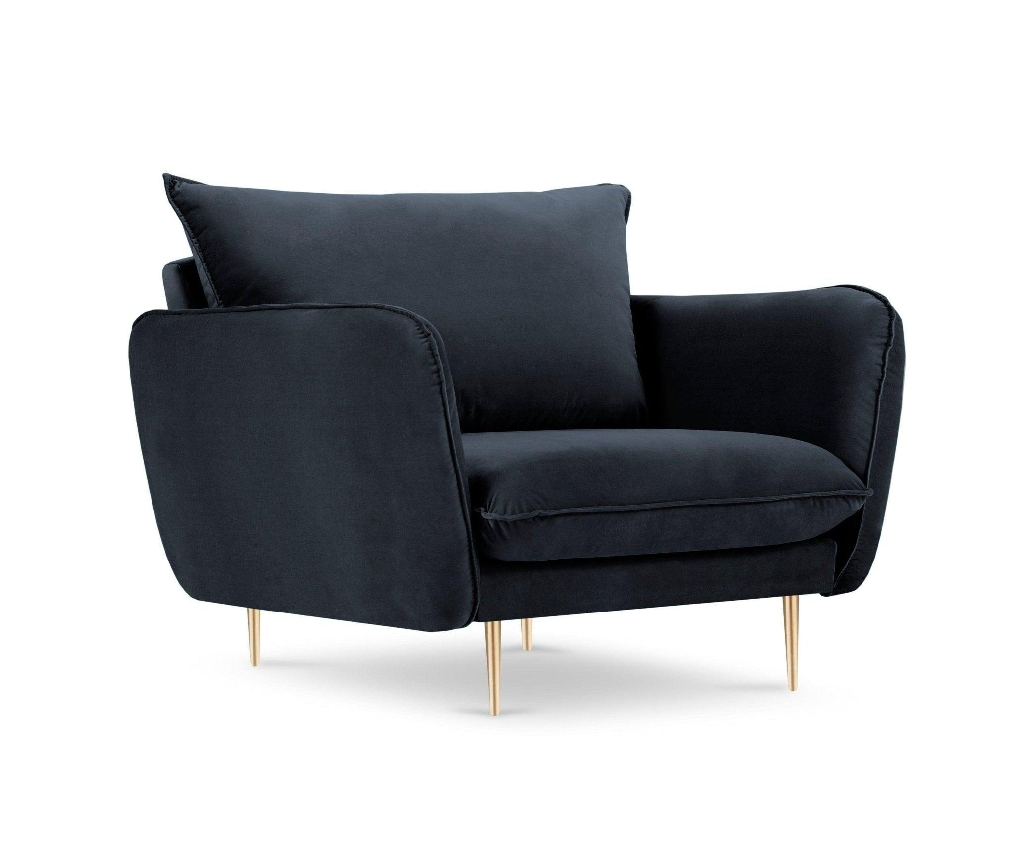 Fotel aksamitny VIENNA granatowy ze złotą podstawą Cosmopolitan Design Eye on Design