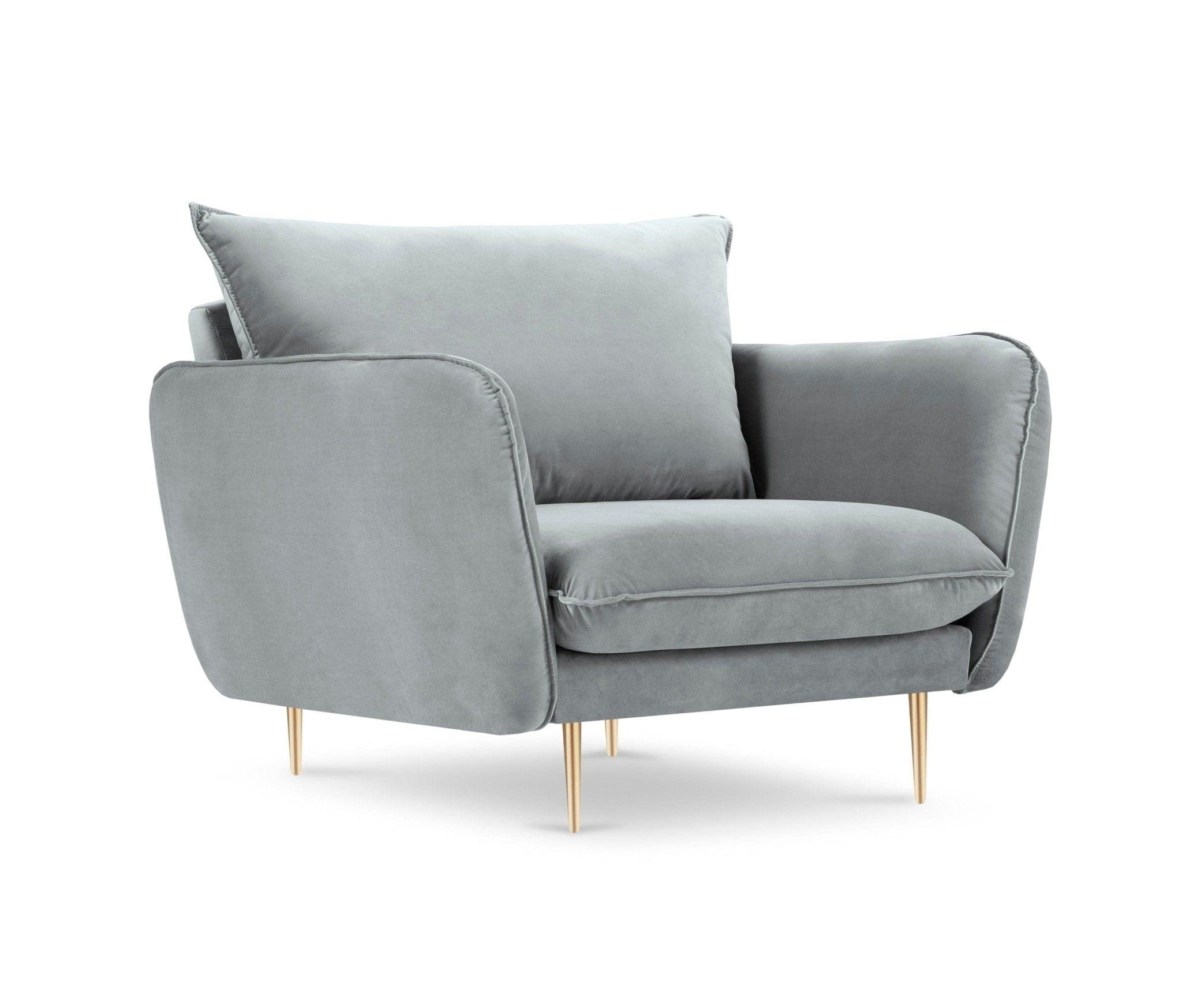 Fotel aksamitny VIENNA jasnoszary ze złotą podstawą Cosmopolitan Design Eye on Design
