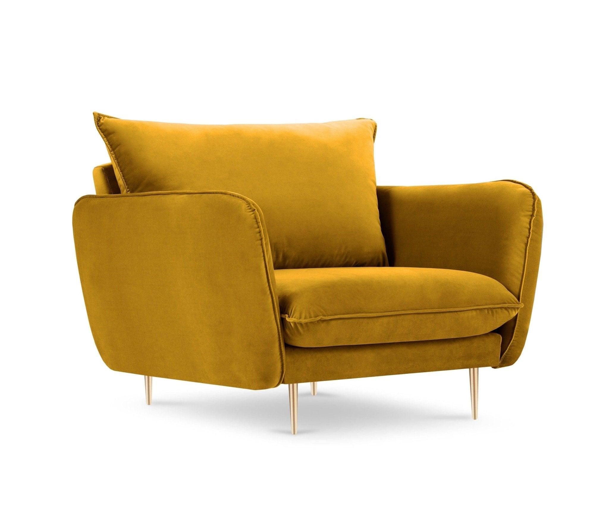 Fotel aksamitny VIENNA żółty ze złotą podstawą Cosmopolitan Design Eye on Design