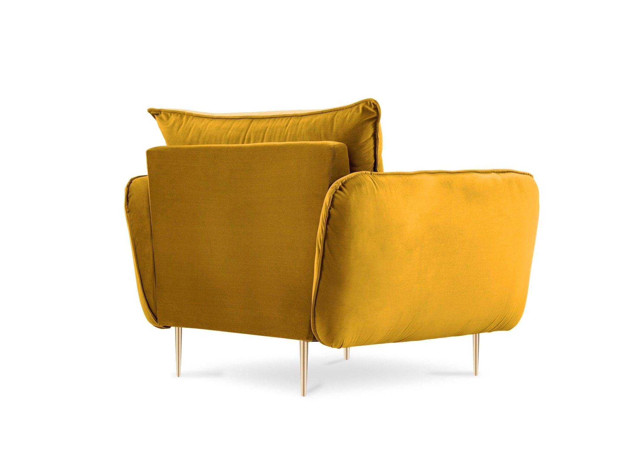 Fotel aksamitny VIENNA żółty ze złotą podstawą Cosmopolitan Design Eye on Design