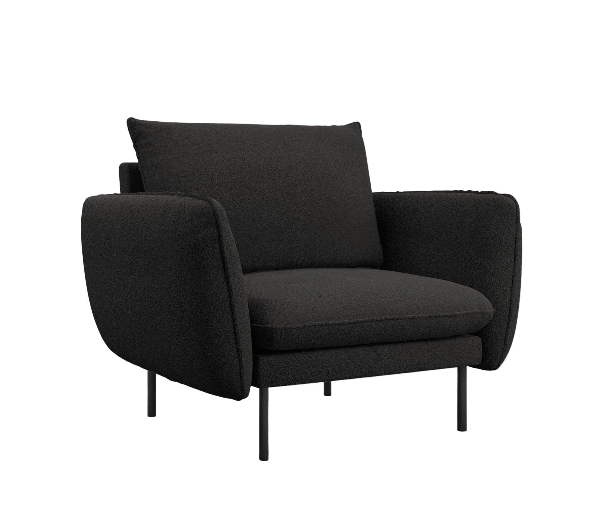 Fotel w tkaninie boucle VIENNA czarny z czarną podstawą Cosmopolitan Design Eye on Design