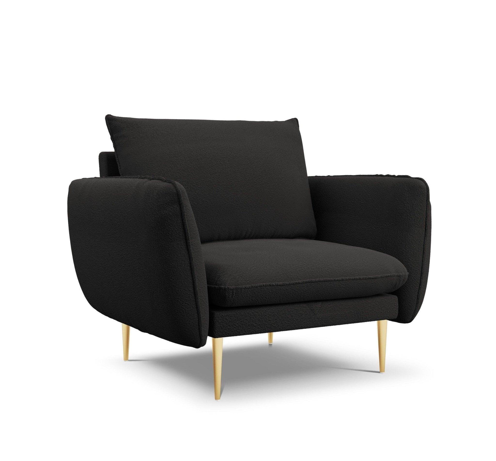 Fotel w tkaninie boucle VIENNA czarny ze złotą podstawą Cosmopolitan Design Eye on Design