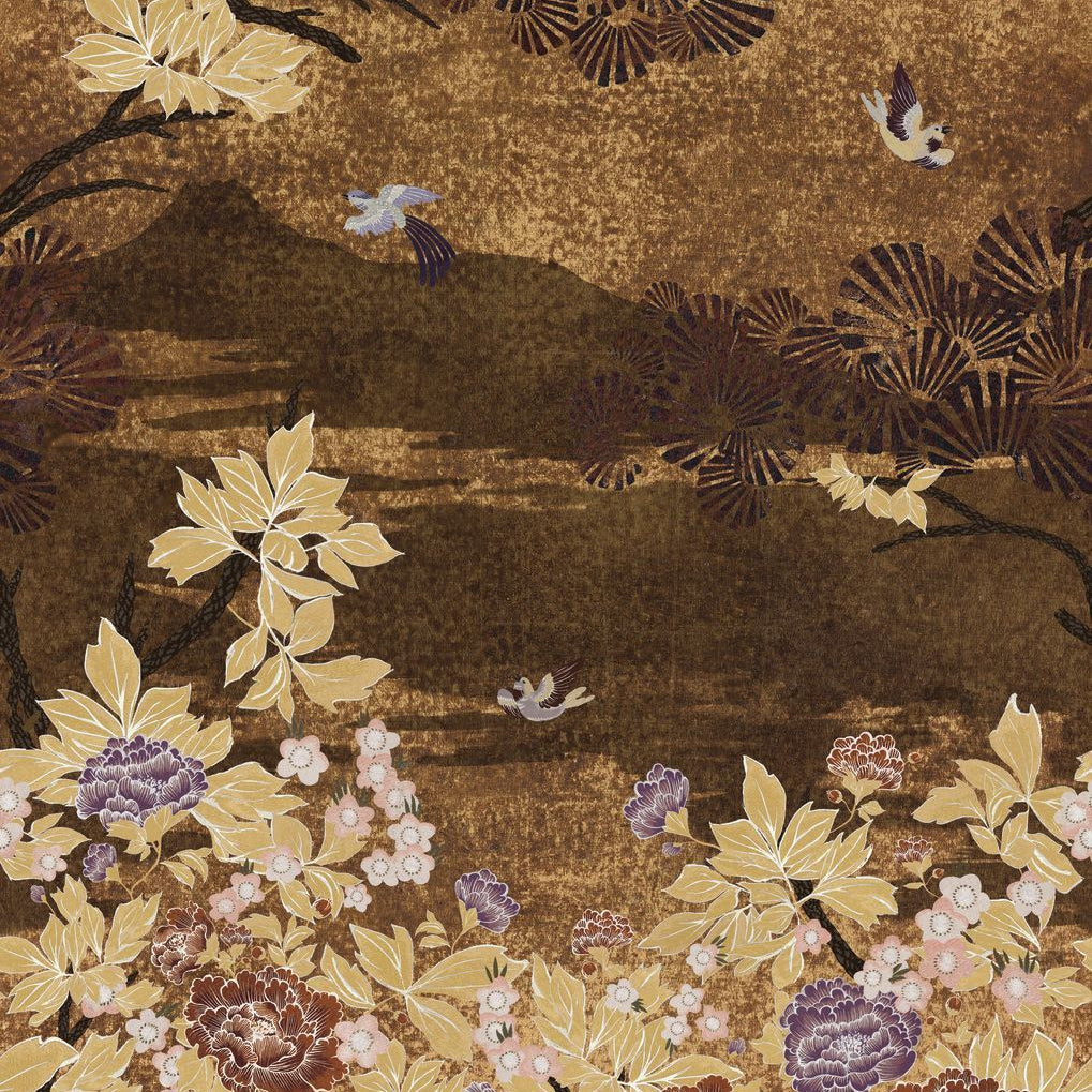 Mural with a plant motif of KANSAI leaves - BRONZE/GOLD brown with gold