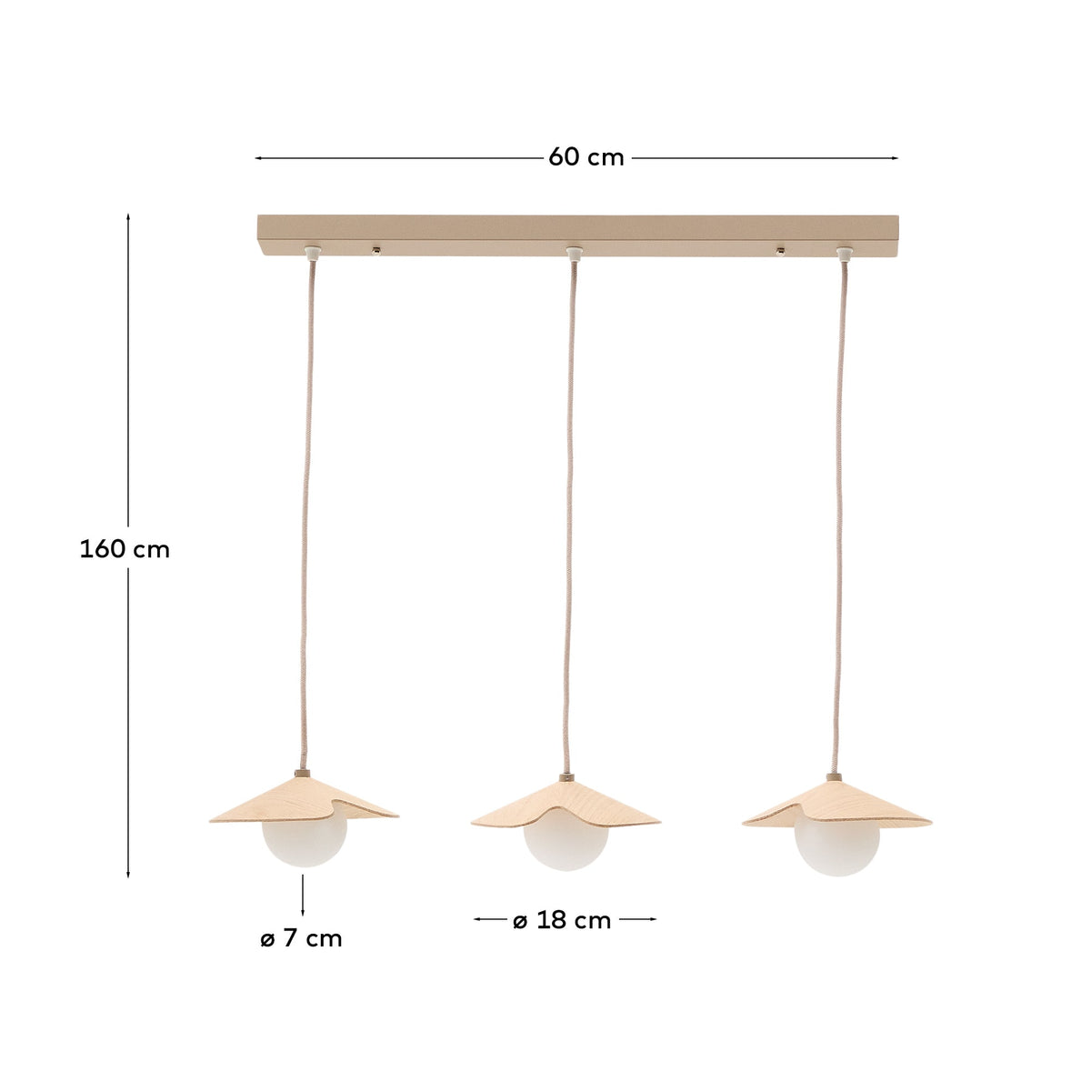 Lampa wisząca WILARA naturalny fornir dębowy z 3 kloszami – wymiary