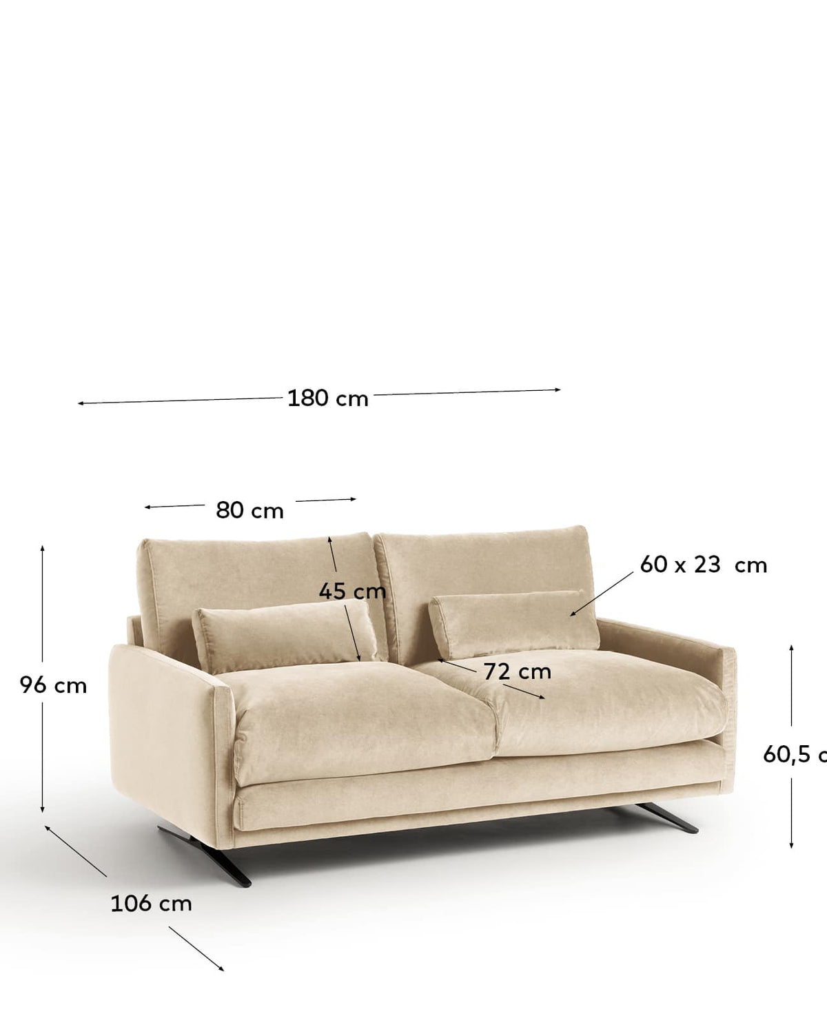 Sofa 2-osobowa VELIRO perłowy aksamit z czarnymi metalowymi nogami – wymiary