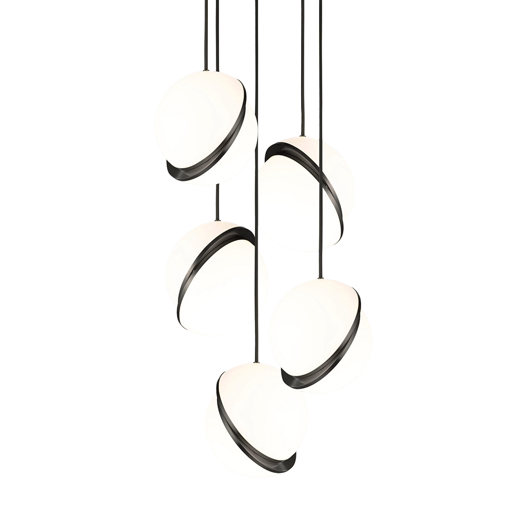 5-Point Pendant Lamp CRESCENT with Opal Shade and Blackened Brass