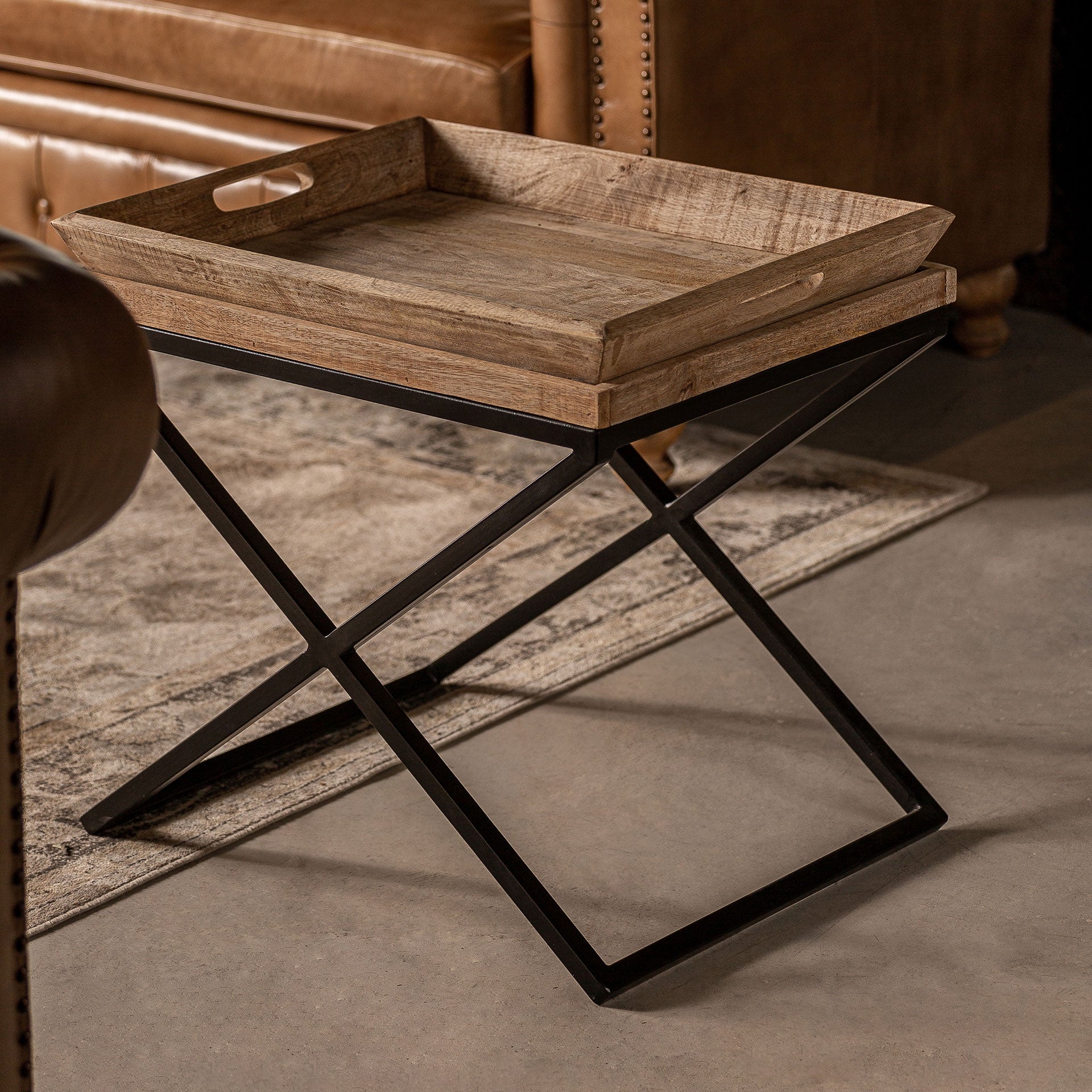 Side Table with Tray NEWAK Mango Wood with Black Metal Base