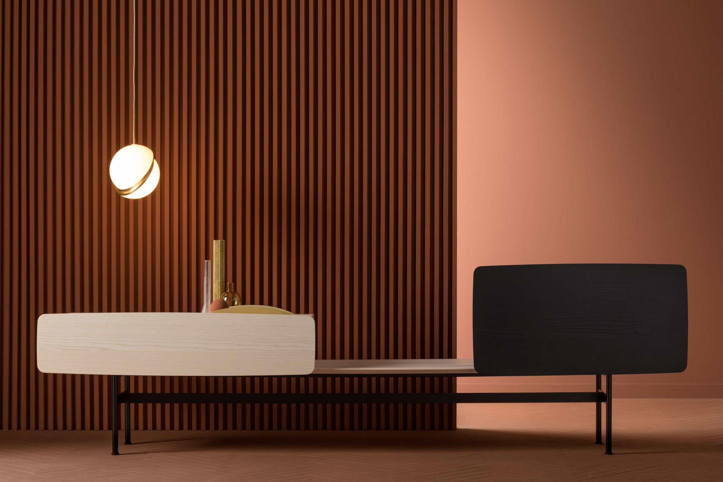 CRESCENT pendant lamp with an opal shade and brass accents.