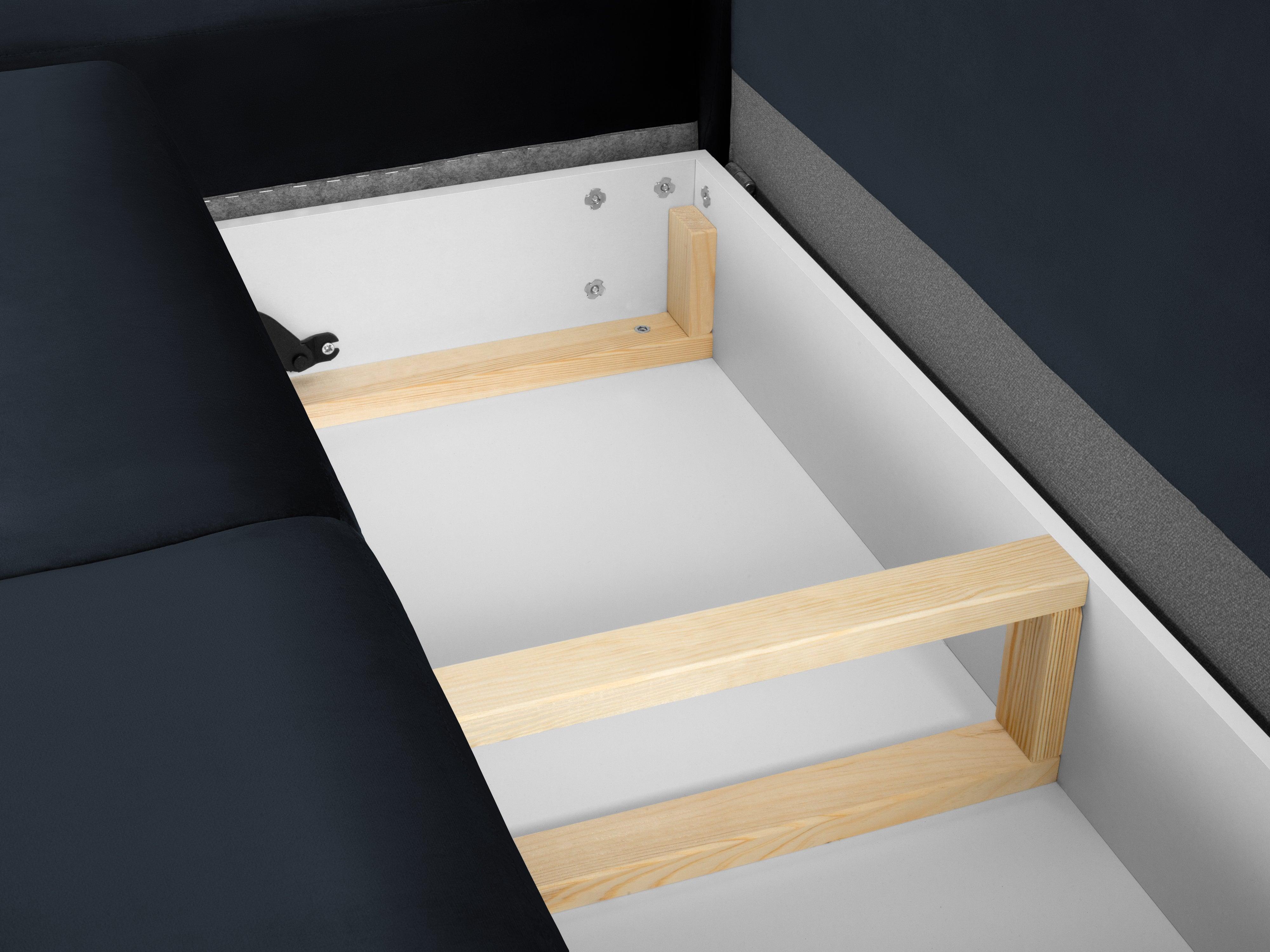 Narożnik 5-osobowy lewostronny z funkcją spania KYOTO ciemnoniebieski ze złotą podstawą Cosmopolitan Design Eye on Design