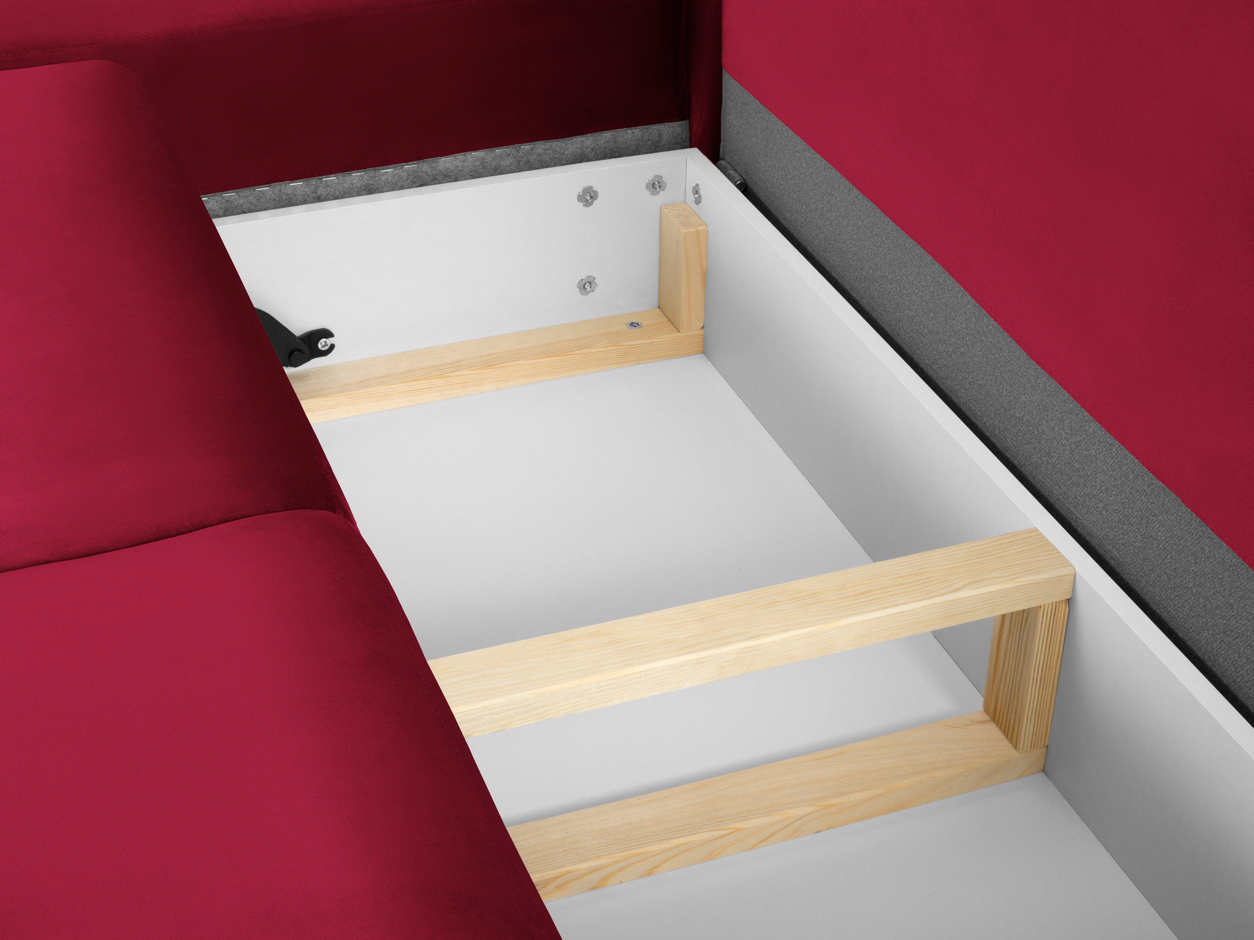 Narożnik 5-osobowy lewostronny z funkcją spania KYOTO czerwony z czarną podstawą Cosmopolitan Design Eye on Design